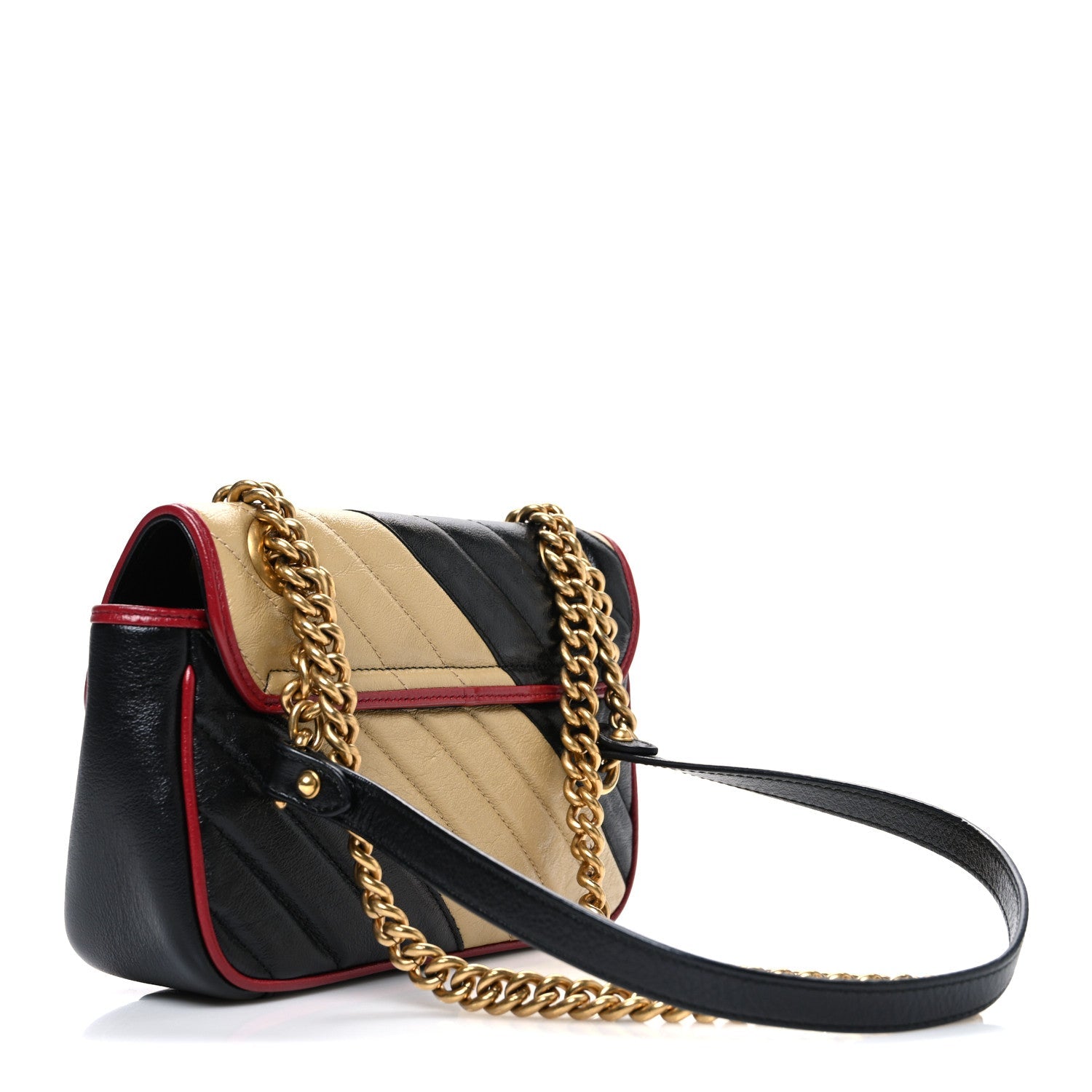 Gucci Vintage Effect Calfskin Matelasse Diagonal Striped Mini Torchon GG Marmont Shoulder Bag Black Beige