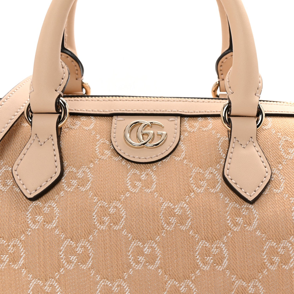 Gucci Summer Denim Calfskin GG Monogram Small Ophidia Top Handle Bag Souffle Rose