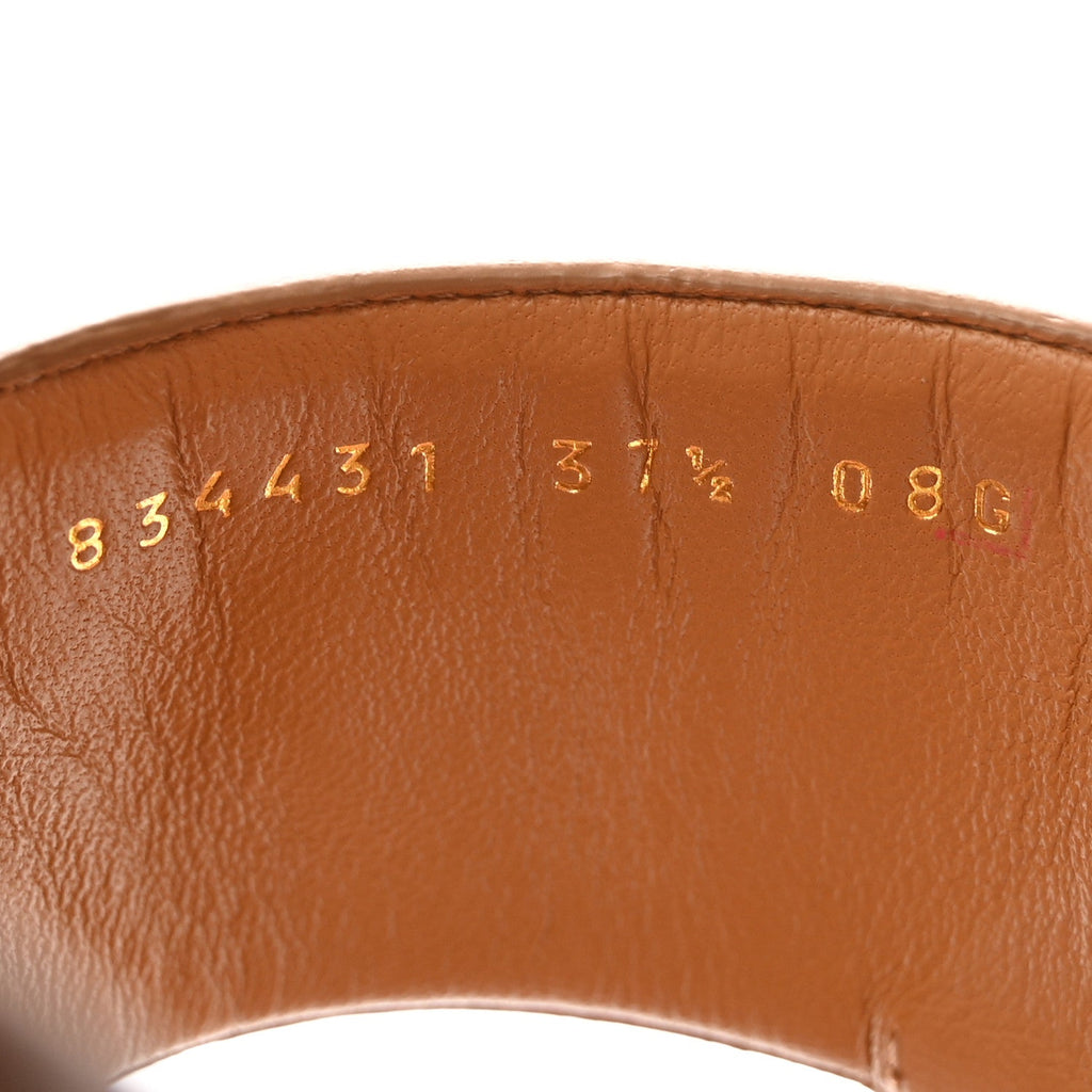 Gucci Calfskin Canvas Rice Horsebit Thong Sandals 37.5 Sundial Brown Natural