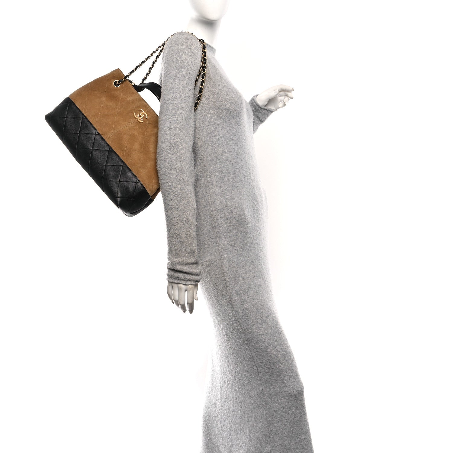 Chanel Suede Calfskin Shiny Lambskin Quilted Small Coco Base Shopping Bag Beige Black