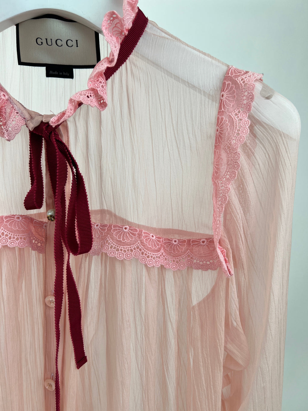 Gucci Pink Silk Pearl Button Down Shirt with Crochet Trim Detailing IT 36 (UK 4)
