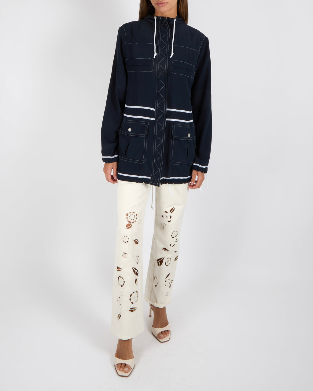 Chanel Navy and White Silk Hooded Jacket with Stitch Details and Drawstrings with Silver CC Logo Buttons Size FR 36 (UK 8)