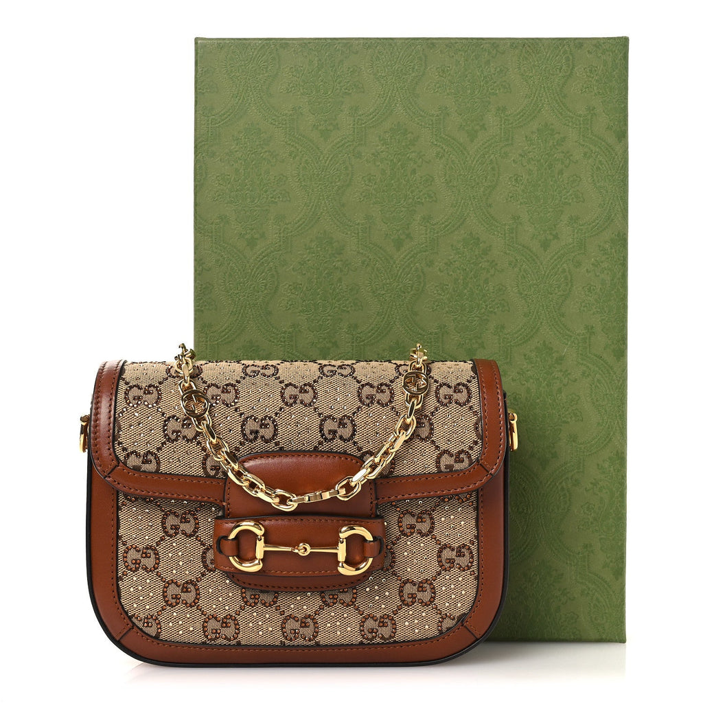 Gucci New Canvas Charisma Calfskin Crystal GG Monogram Mini Horsebit 1955 Shoulder Bag Camel Ebony
