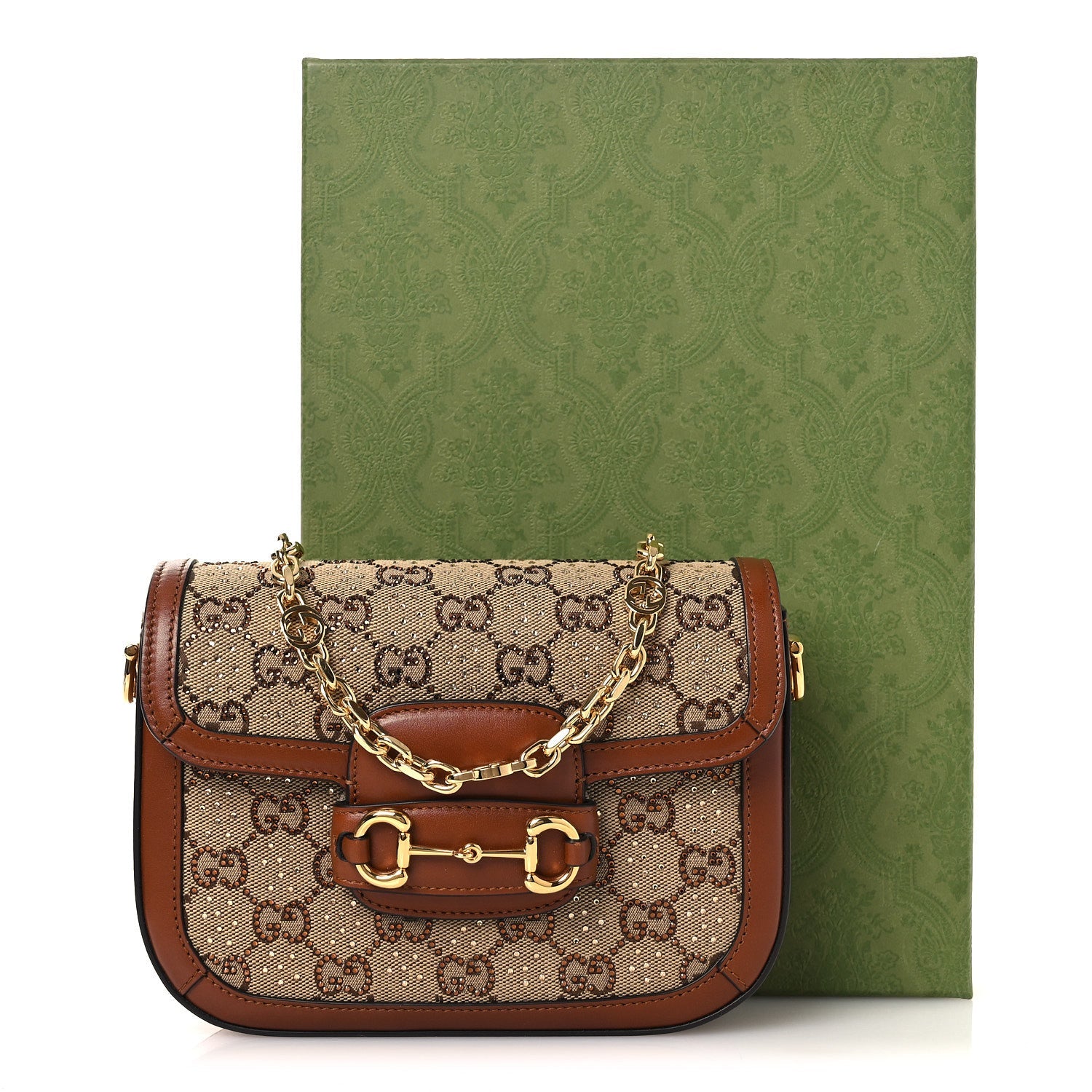 Gucci New Canvas Charisma Calfskin Crystal GG Monogram Mini Horsebit 1955 Shoulder Bag Camel Ebony