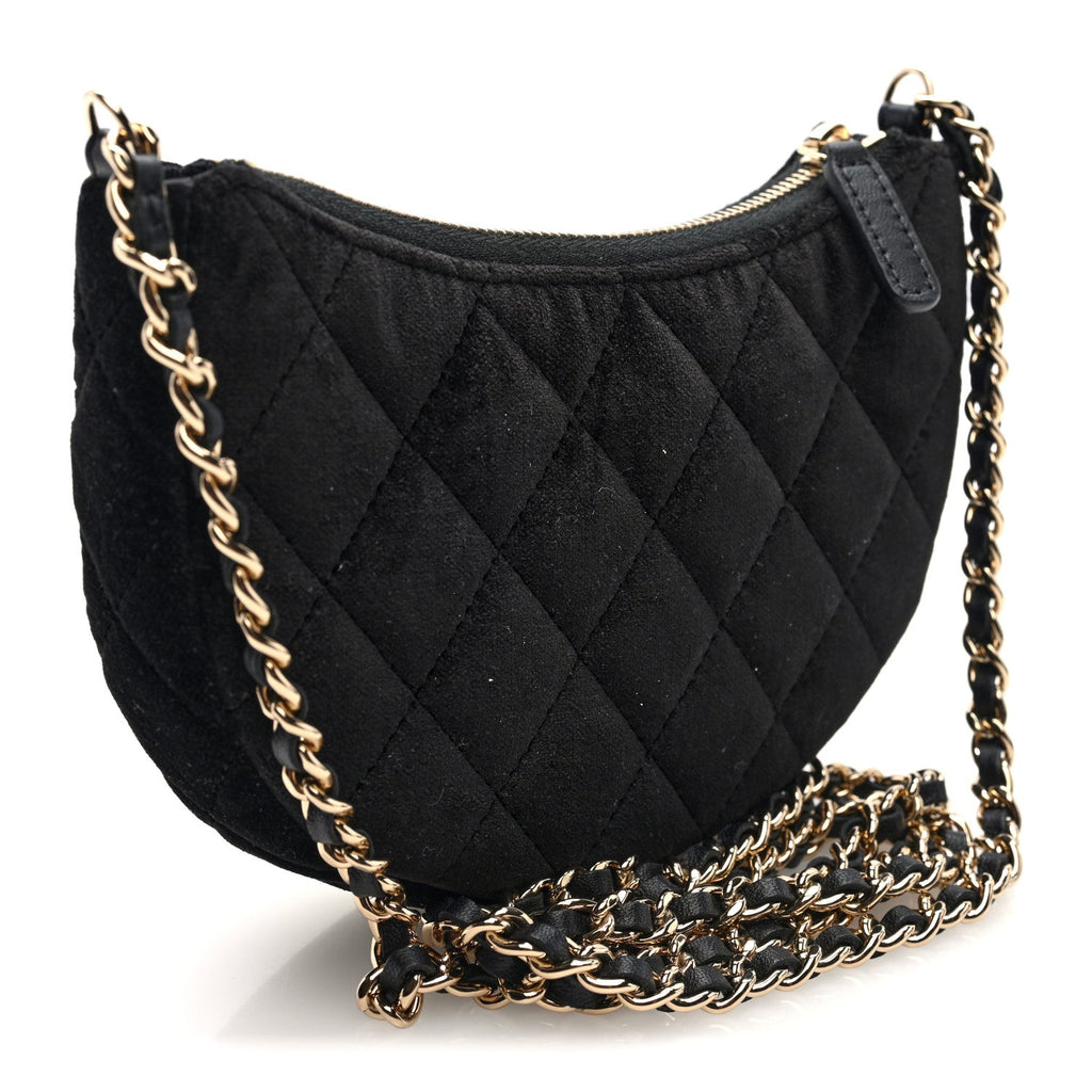 Chanel Velvet Crystal Quilted Chain Hobo Black
