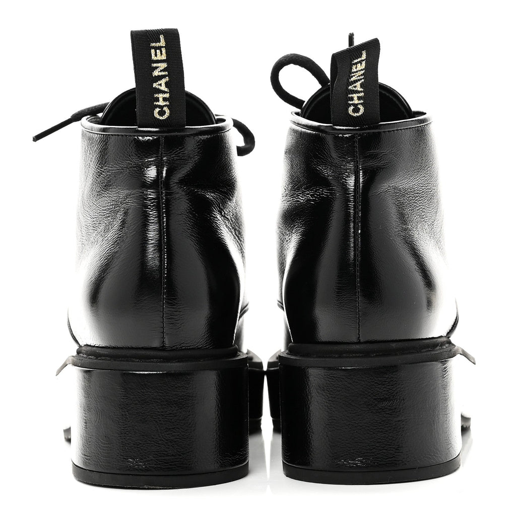 Chanel Shiny Calfskin Pearl Lace Up Combat Short Boots 38 Black