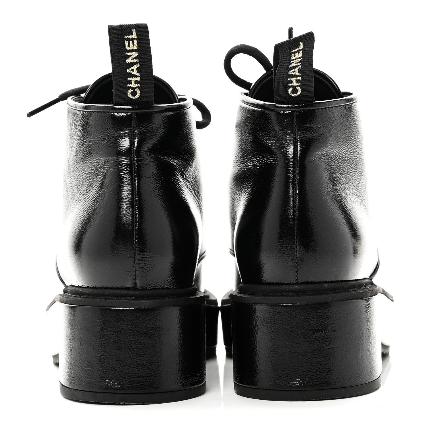 Chanel Shiny Calfskin Pearl Lace Up Combat Short Boots 38 Black