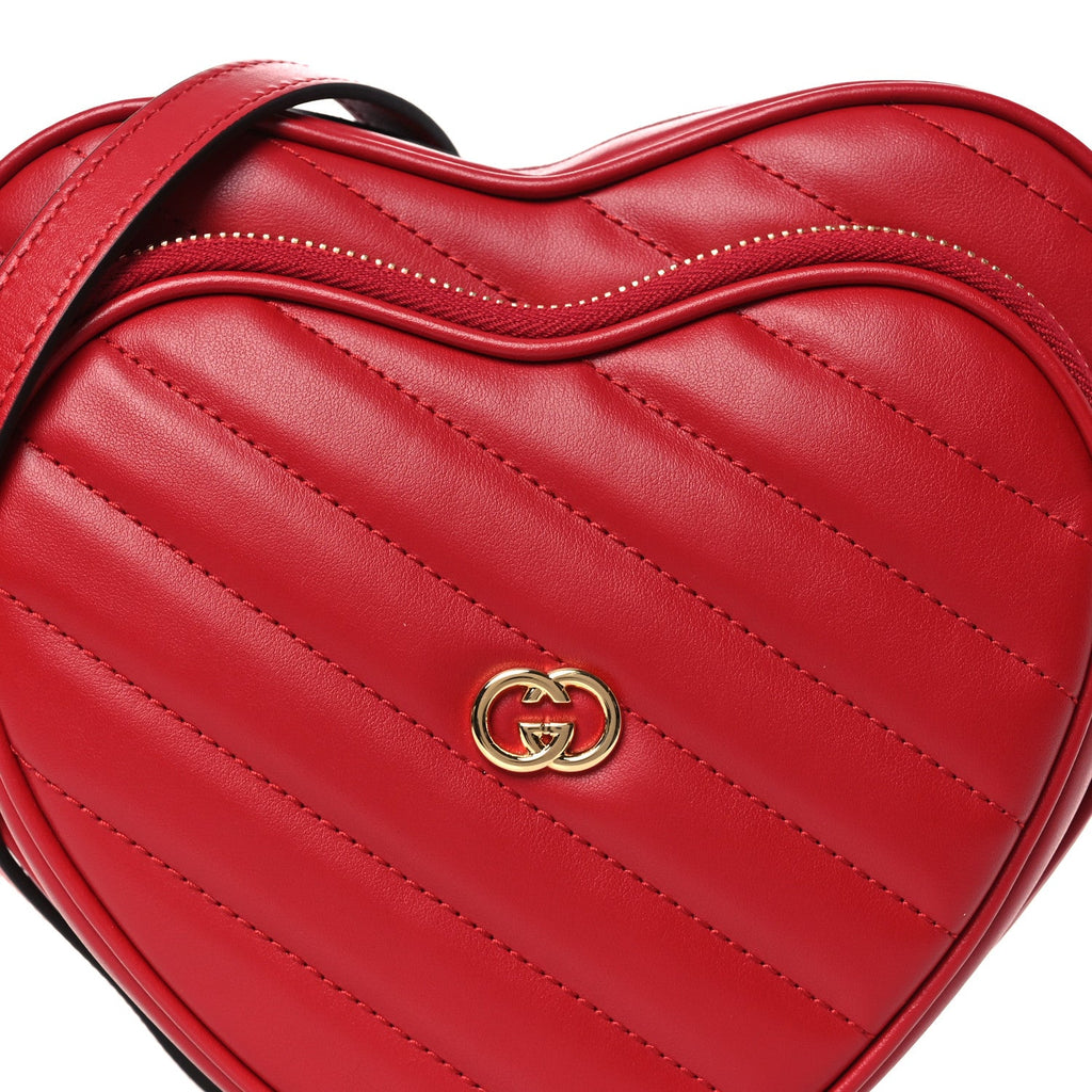 Gucci Calfskin Matelasse Diagonal Mini Interlocking G Heart Shoulder Bag Hibiscus Red