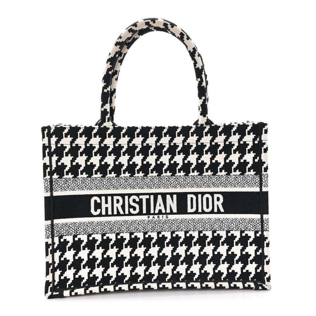 Christian Dior Canvas Macro Houndstooth Embroidered Medium Book Tote Black White