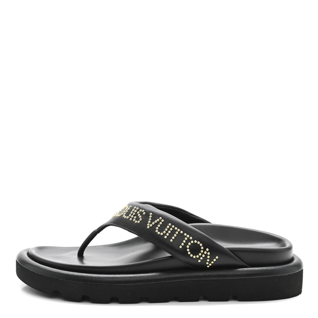 Louis Vuitton Calfskin Logo Studded Pillow Flat Thong Sandals 35 Black