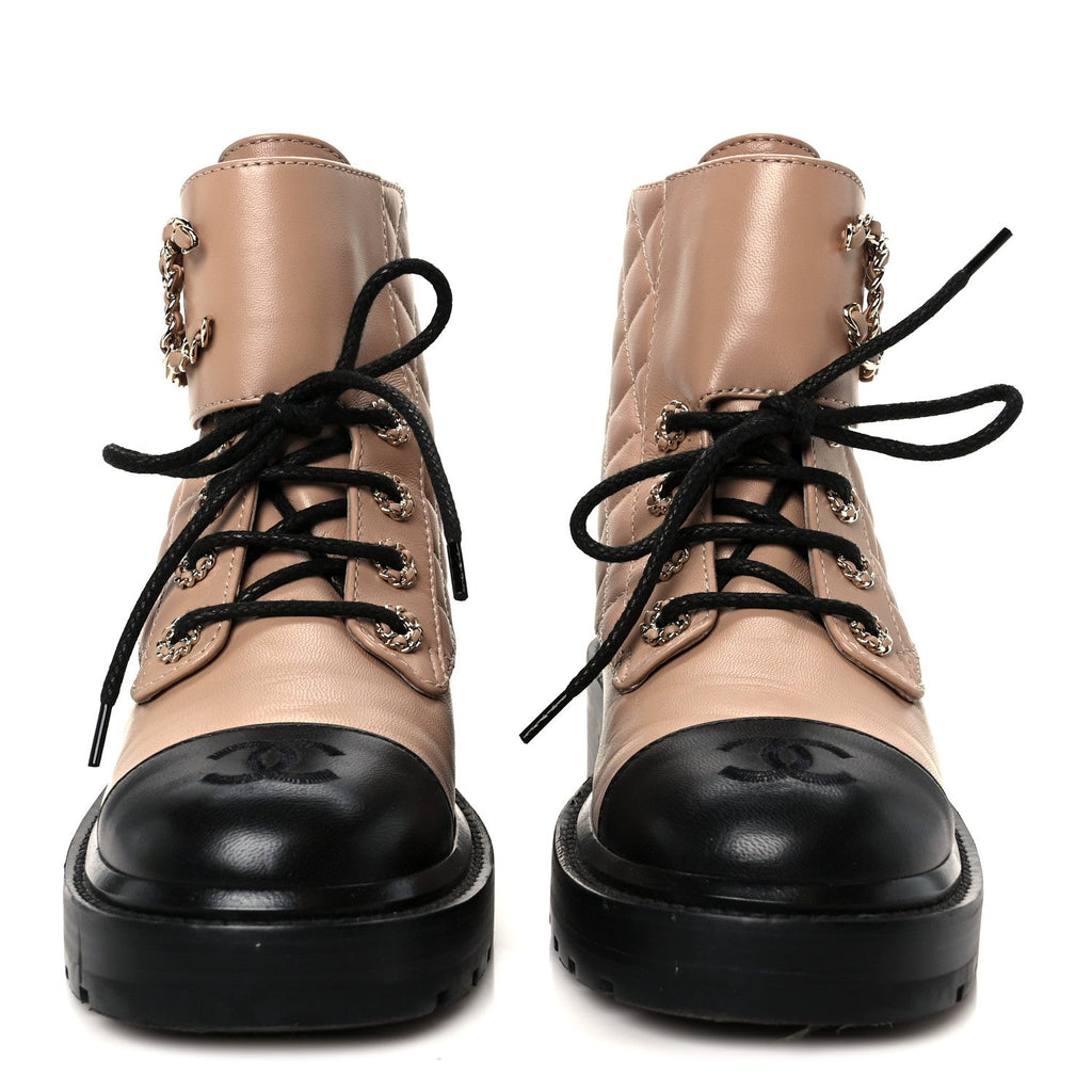 Chanel Shiny Lambskin Quilted Lace Up Combat Boots 36 Beige Black