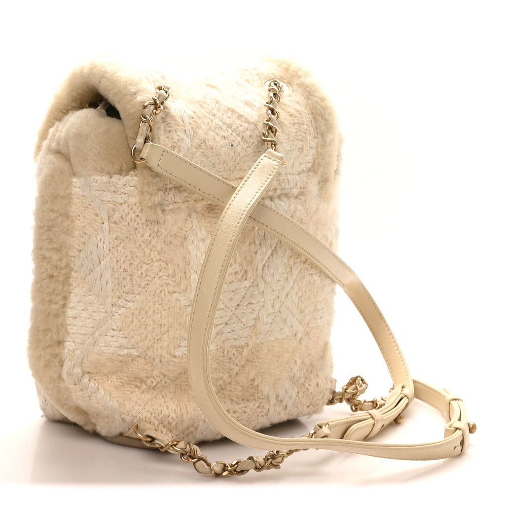 Chanel Tweed Shearling Quilted CC Backpack White