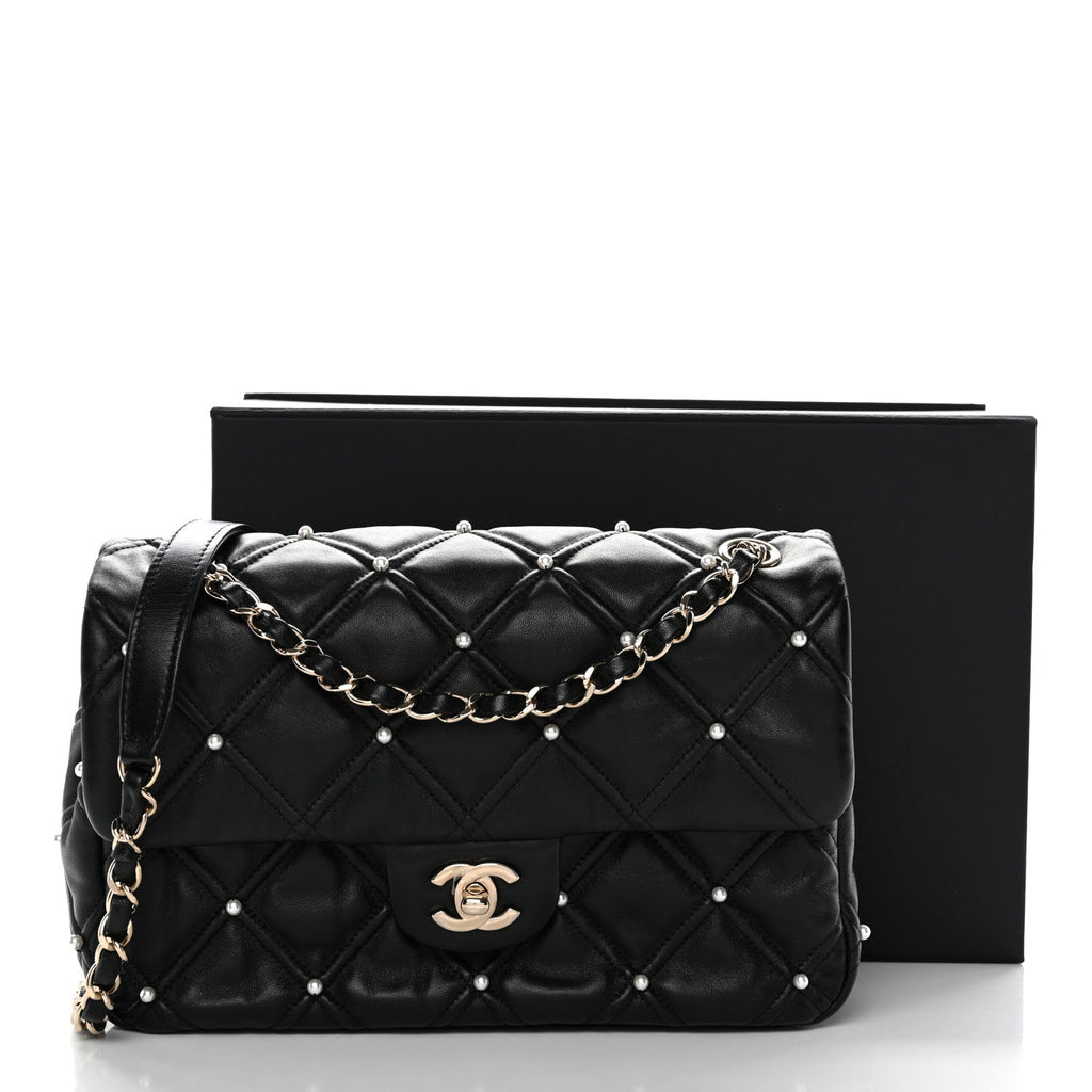 Chanel Lambskin Quilted Pearl Studded Flap Black
