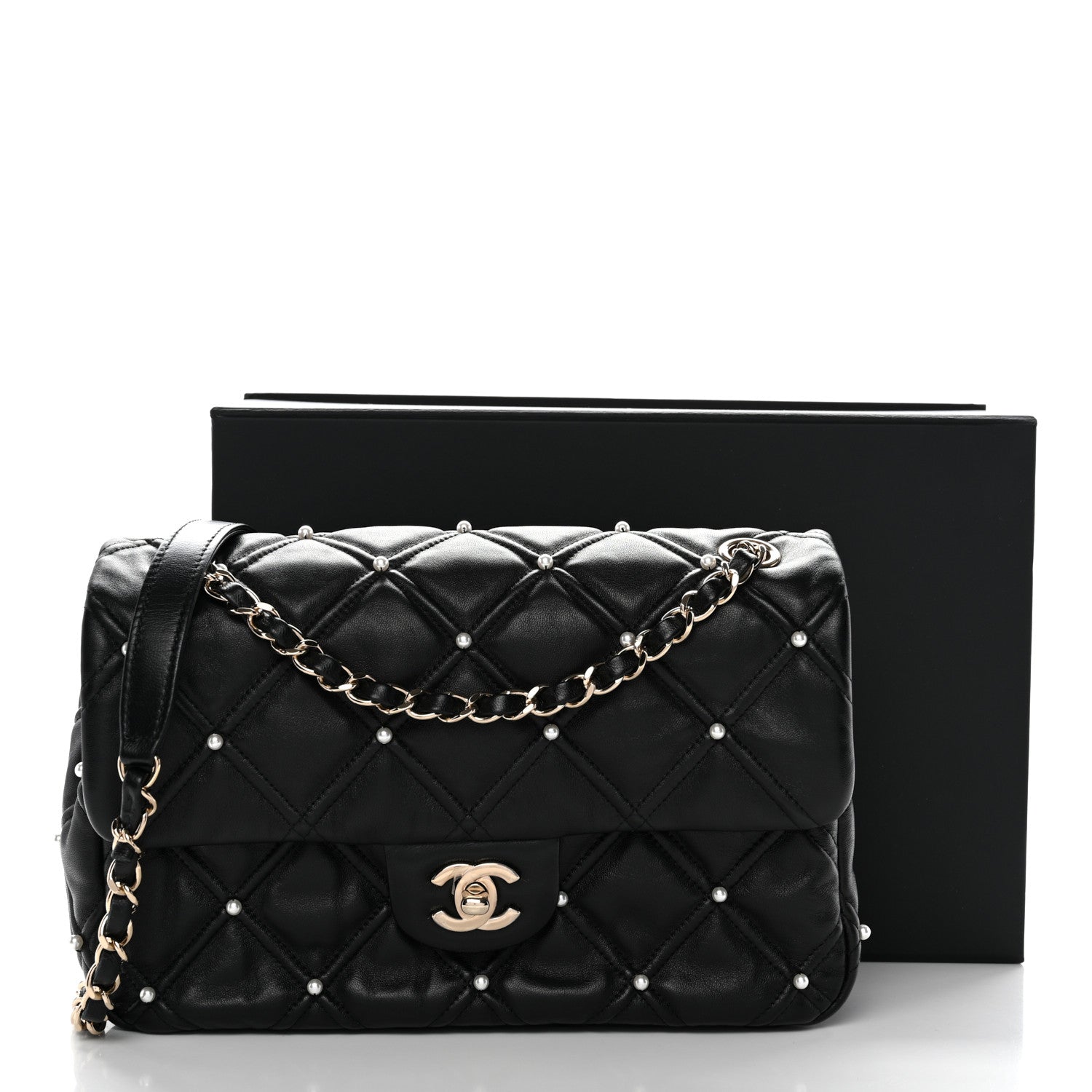 Chanel Lambskin Quilted Pearl Studded Flap Black