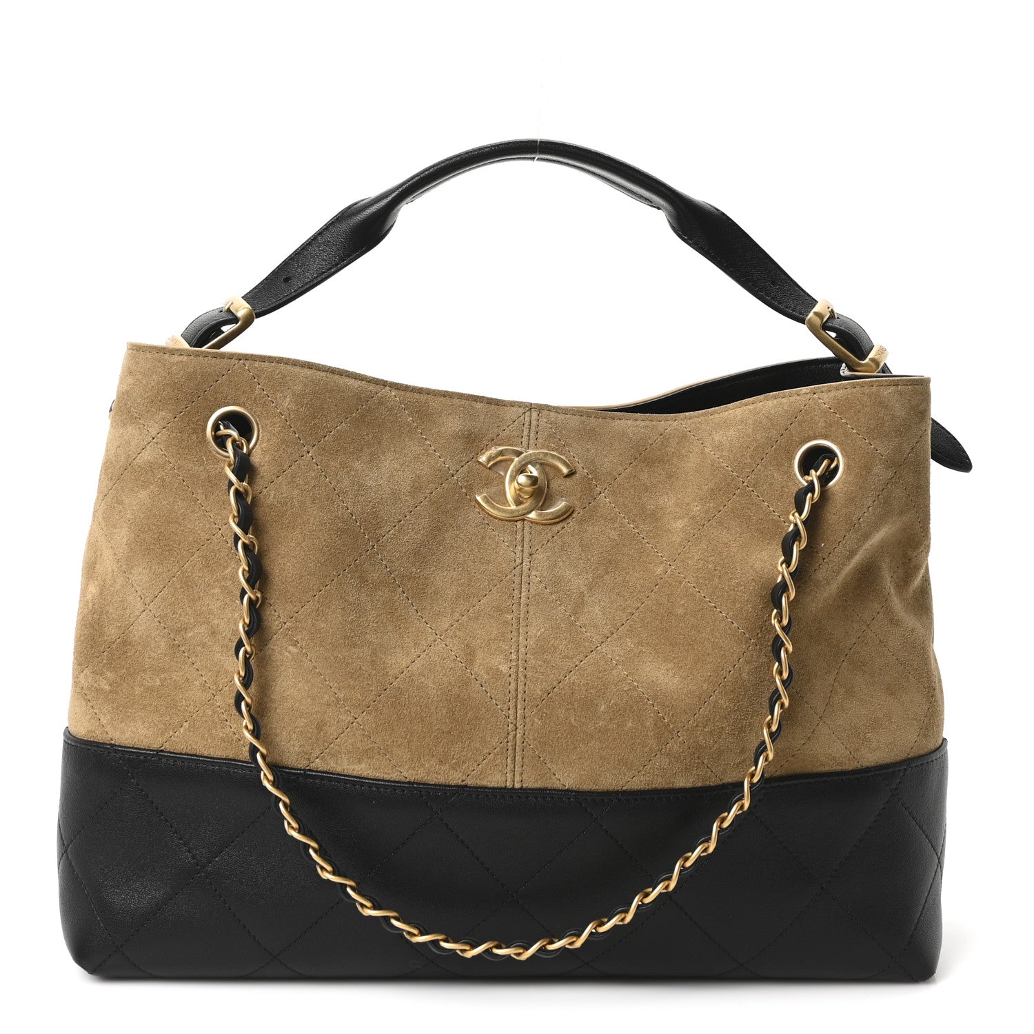 Chanel Suede Calfskin Shiny Lambskin Quilted Small Coco Base Shopping Bag Beige Black