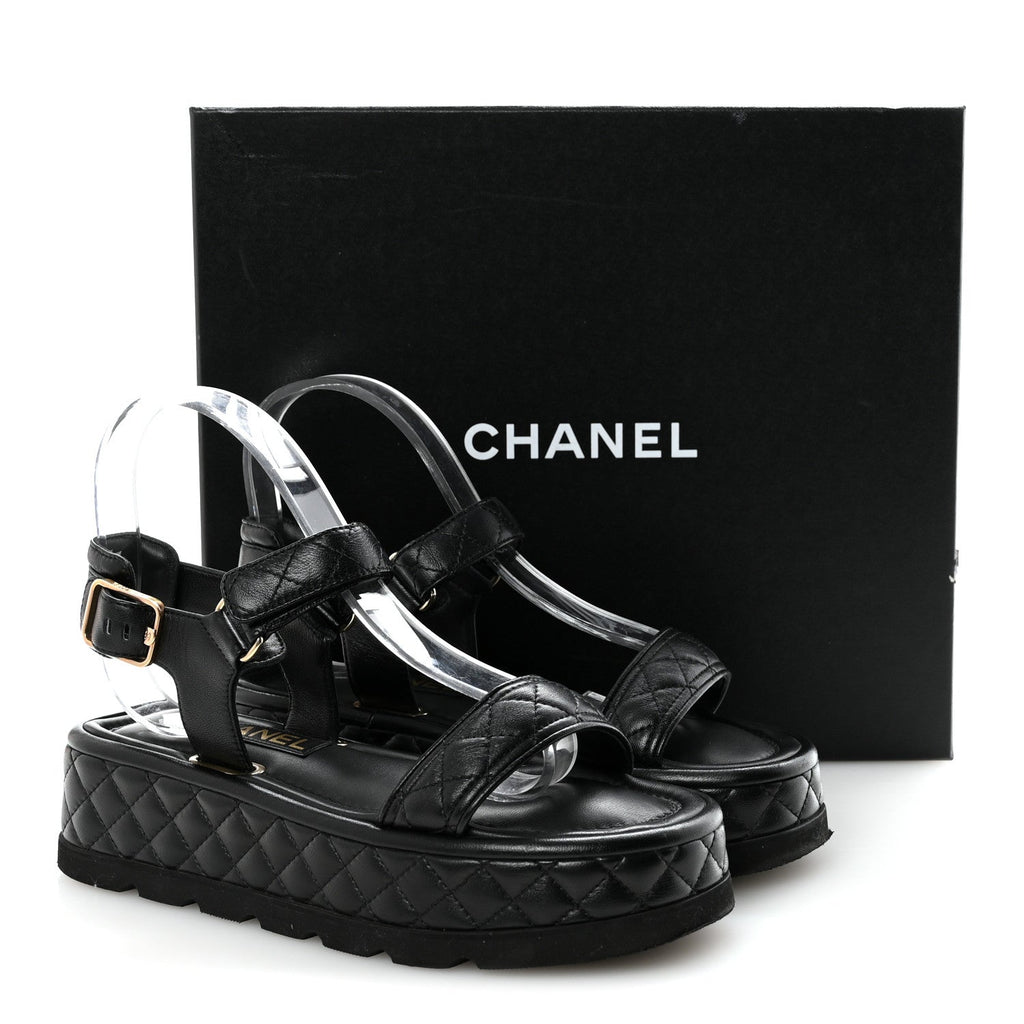 Lambskin Quilted Platform Sandals 37 Black