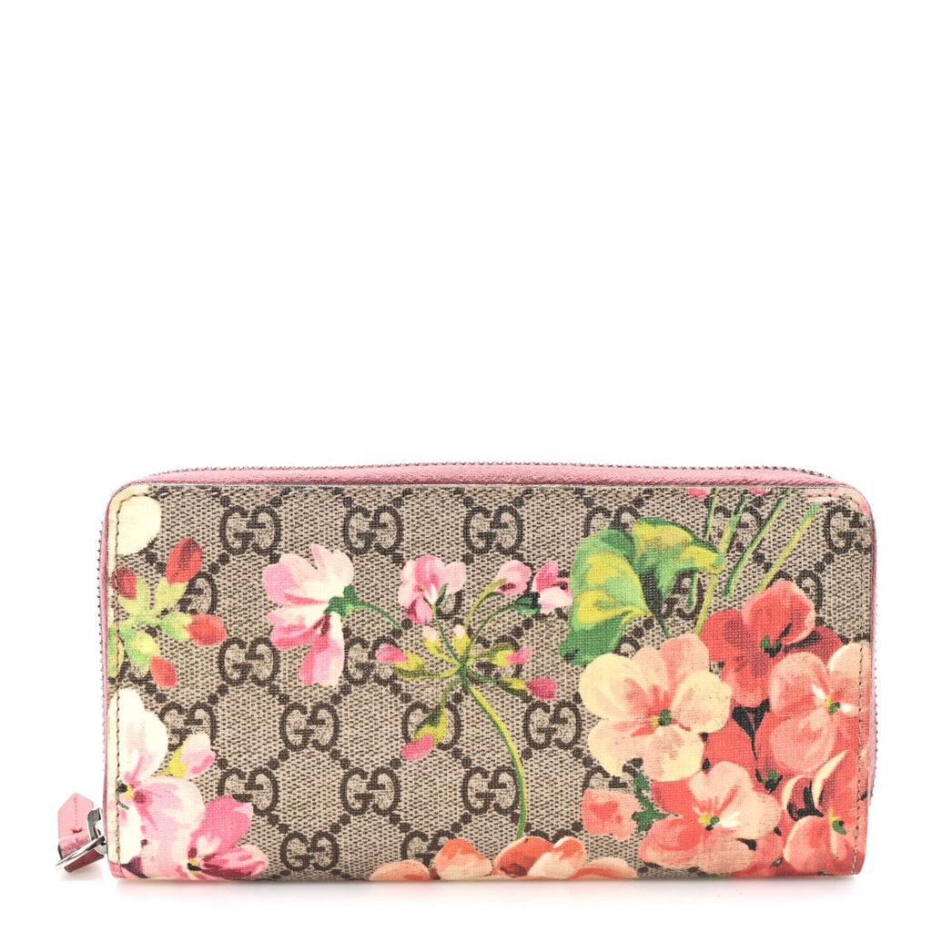 Gucci GG Supreme Monogram Blooms Zip Around Wallet Beige Multicolor Dry Rose