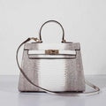 Hermes Kelly 28cm Lizard Leather Bag Grey White Gold