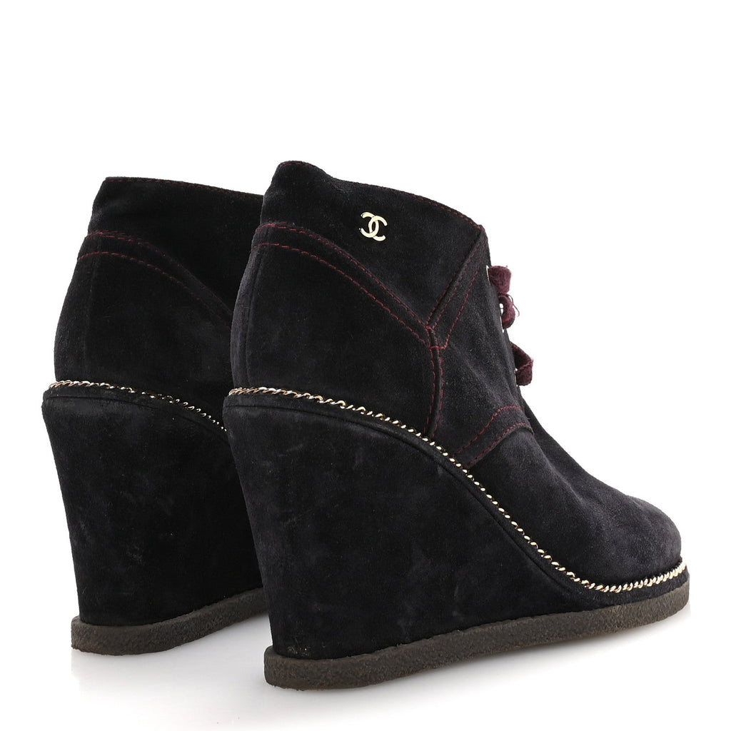 Chanel Suede Lace Up Wedge Booties 37 Dark Blue