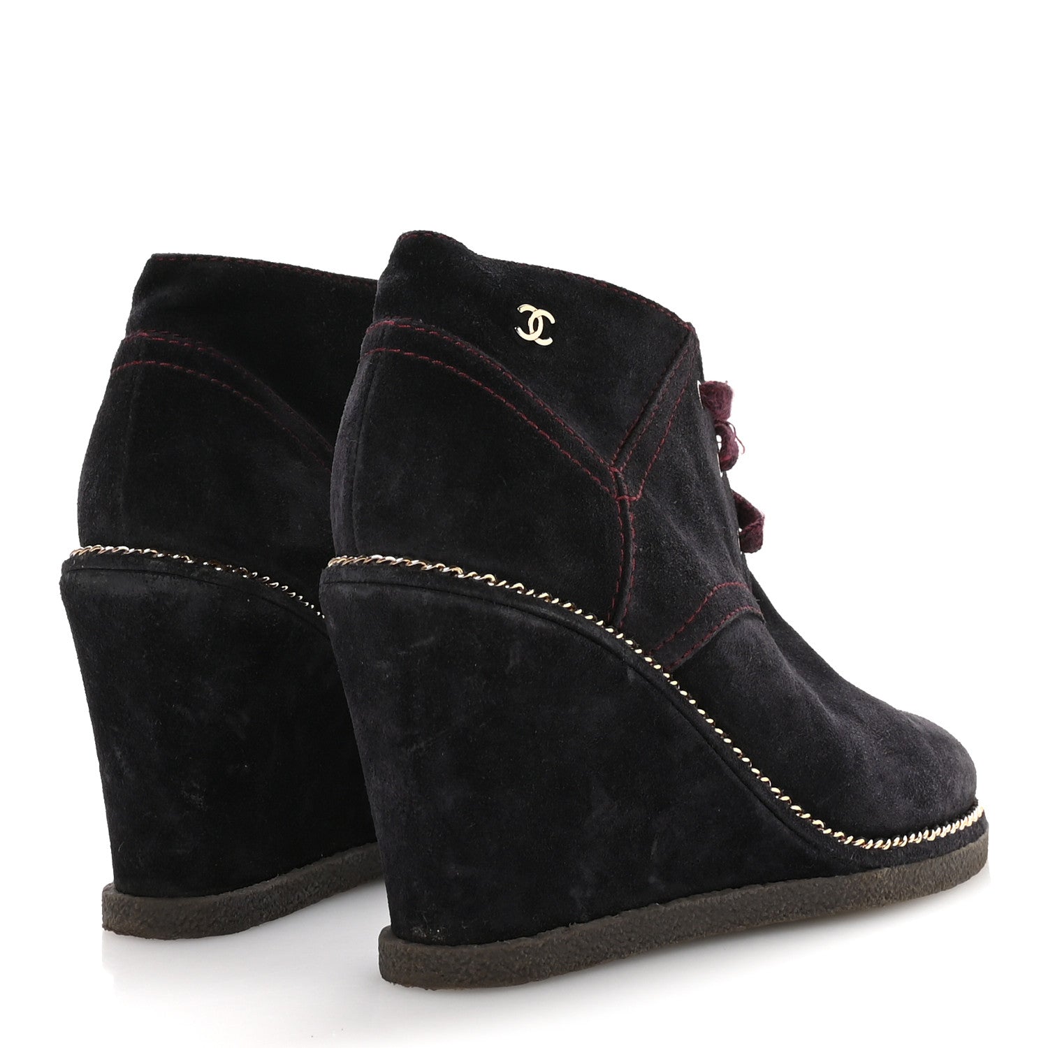 Chanel Suede Lace Up Wedge Booties 37 Dark Blue