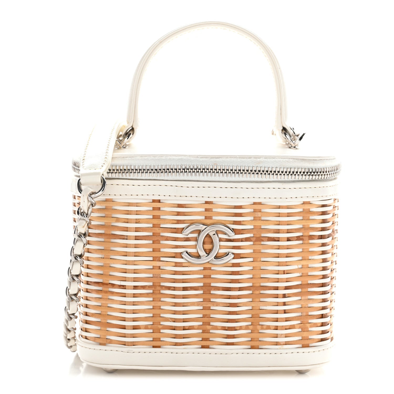 Chanel Calfskin Raffia Small Vanity Case Bag White Beige