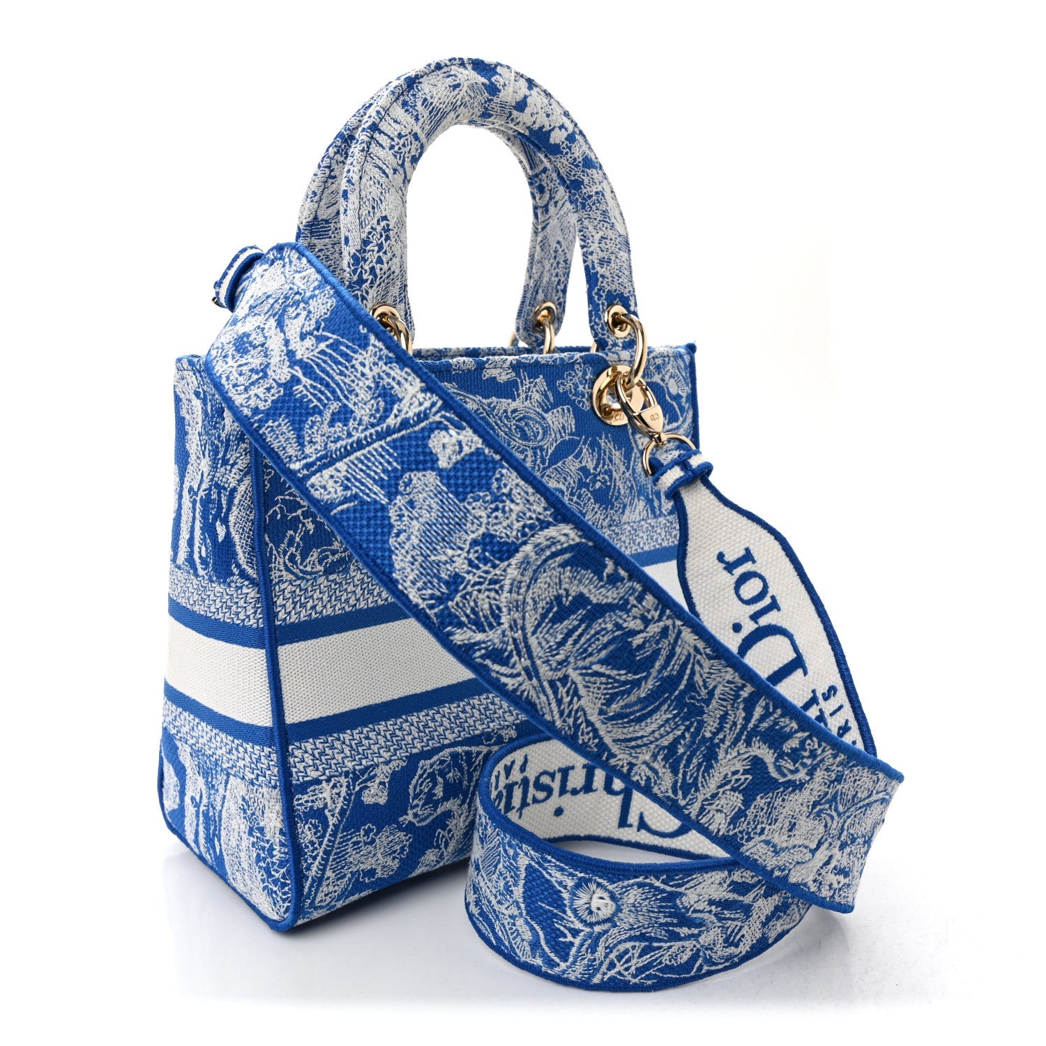 Christian Dior Canvas Toile De Jouy Reverse Embroidered Medium Lady D-Lite Fluorescent Blue