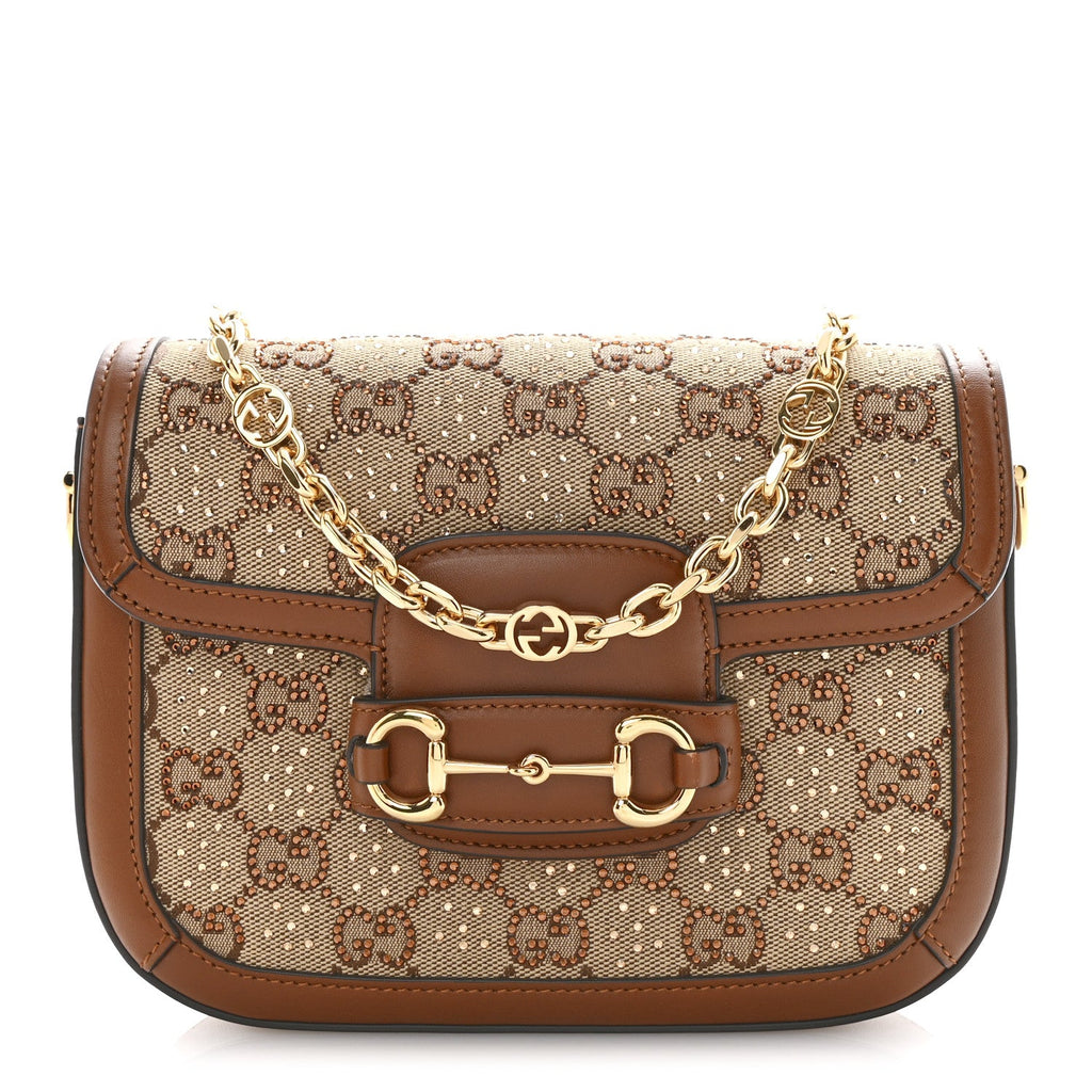 Gucci New Canvas Charisma Calfskin Crystal GG Monogram Mini Horsebit 1955 Shoulder Bag Camel Ebony