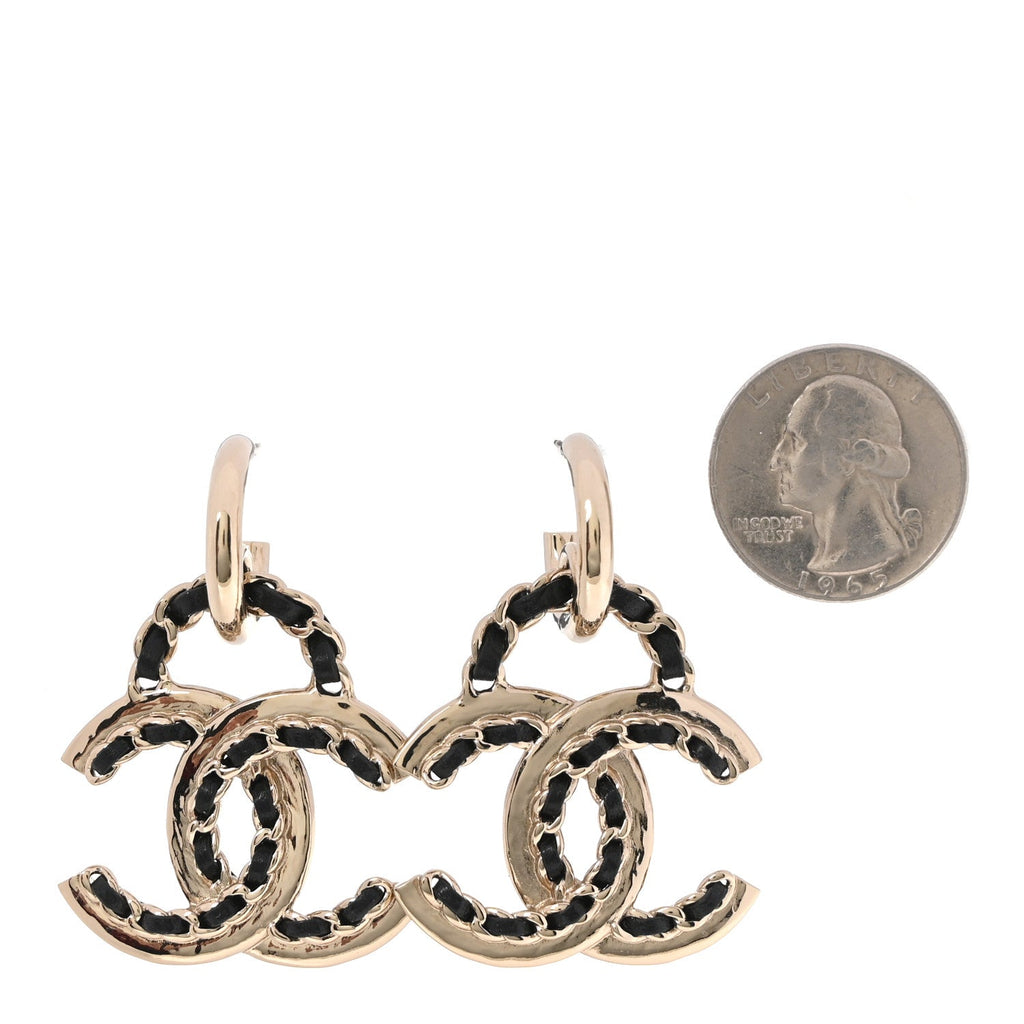 Lambskin Chain CC Drop Earrings Black Gold