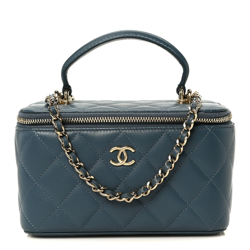 Chanel Lambskin Quilted Small Top Handle Vanity Case With Chain Blue
