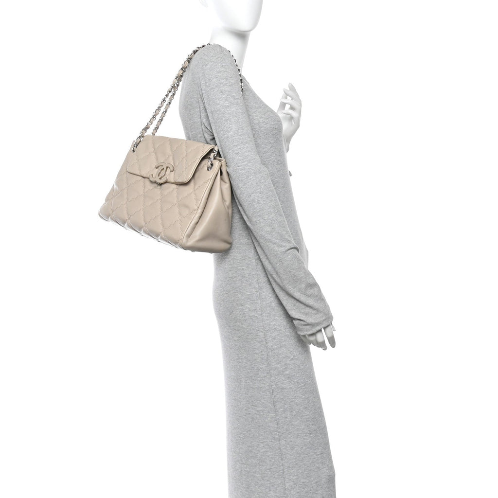 Chanel Calfskin Double Stitch Large Hamptons Flap Bag Beige