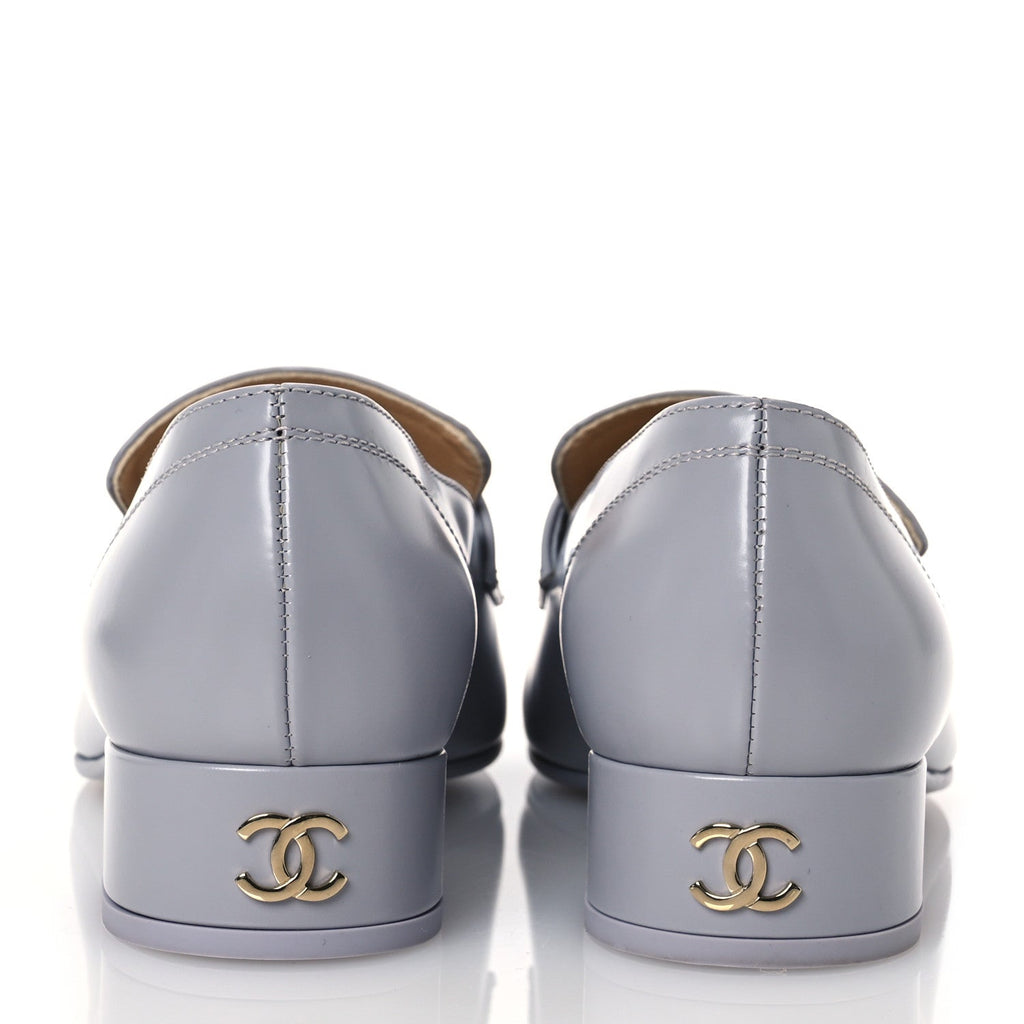 Chanel Shiny Calfskin Logo Loafers 37 Light Grey