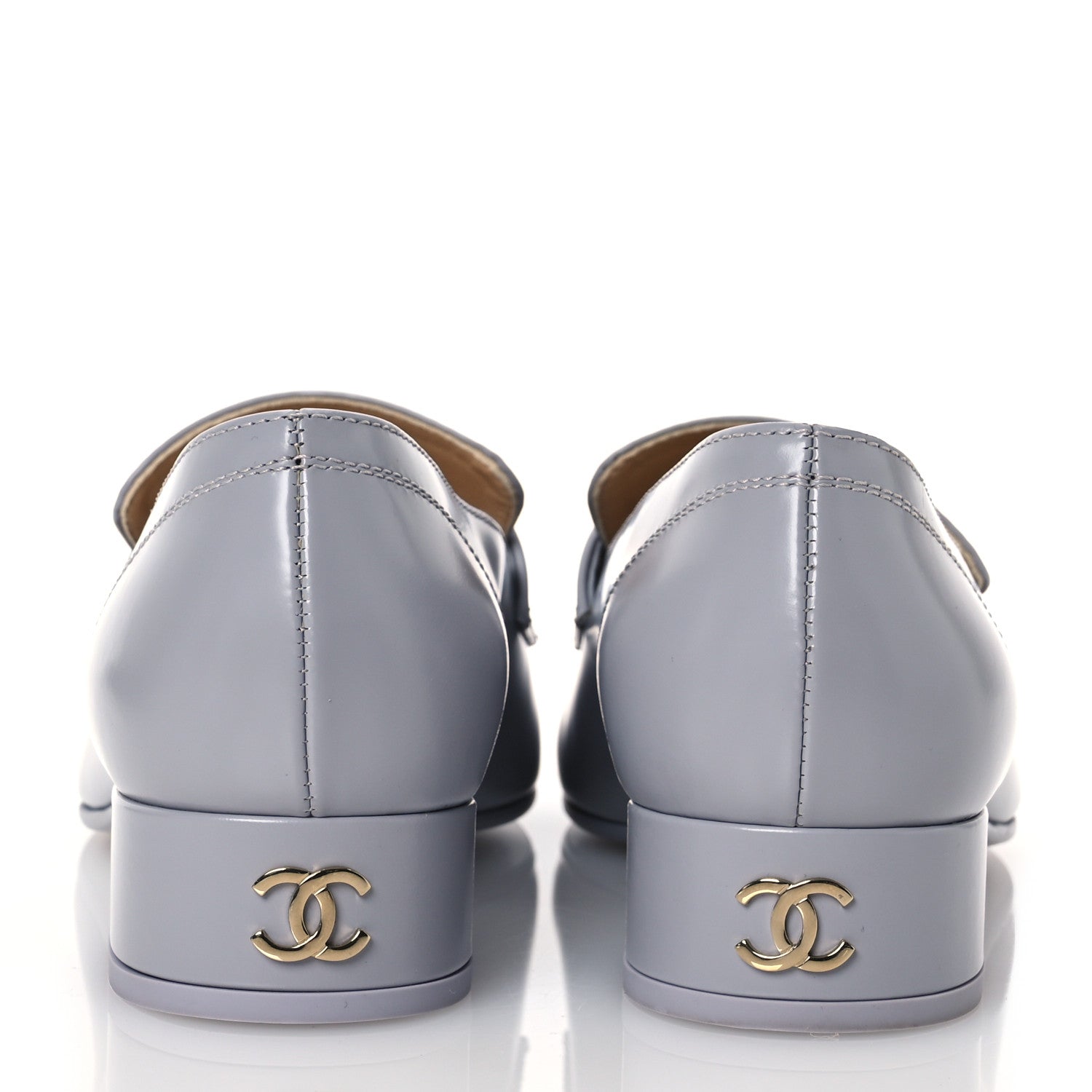 Chanel Shiny Calfskin Logo Loafers 37 Light Grey
