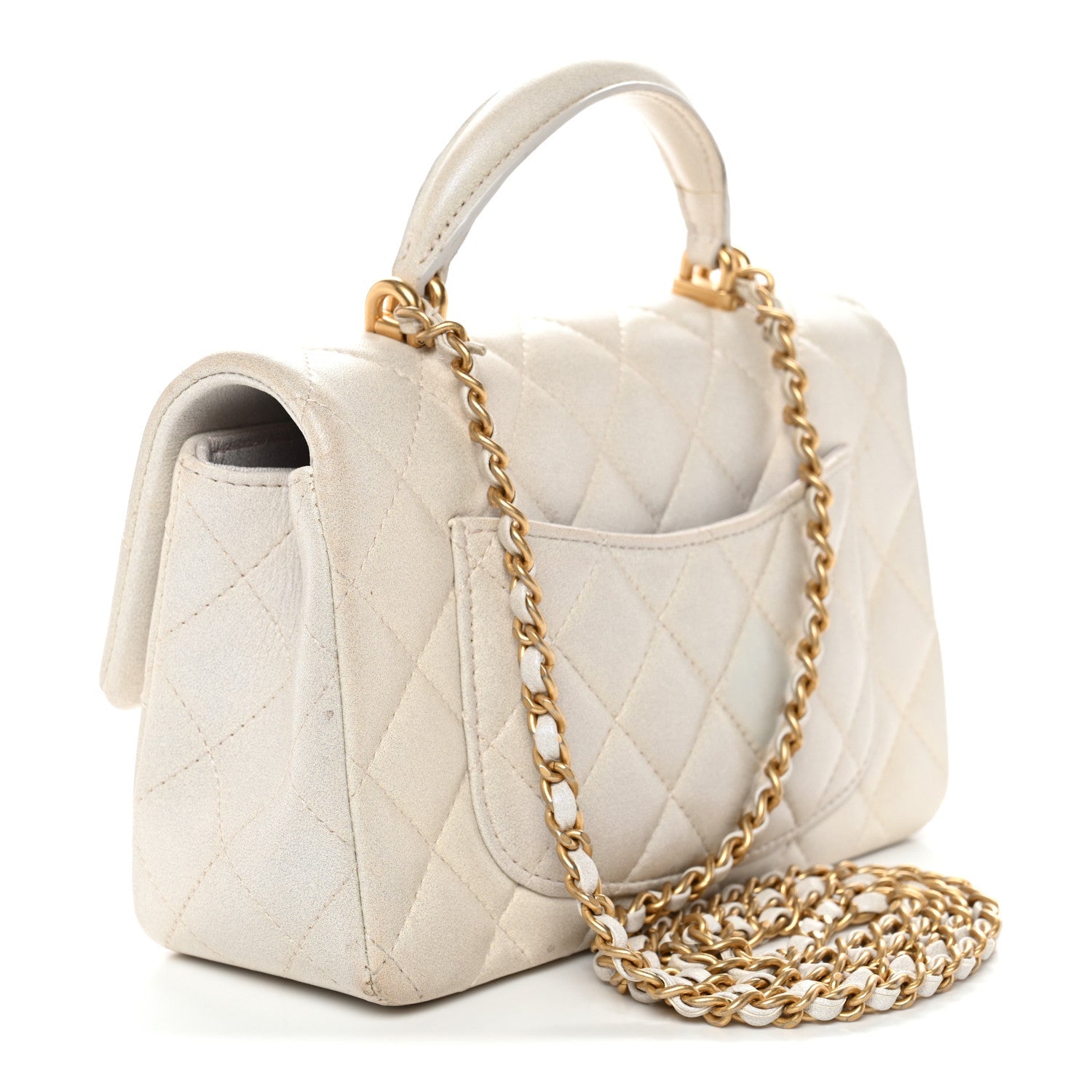 Chanel Iridescent Lambskin Quilted Mini Top Handle Rectangular Flap White