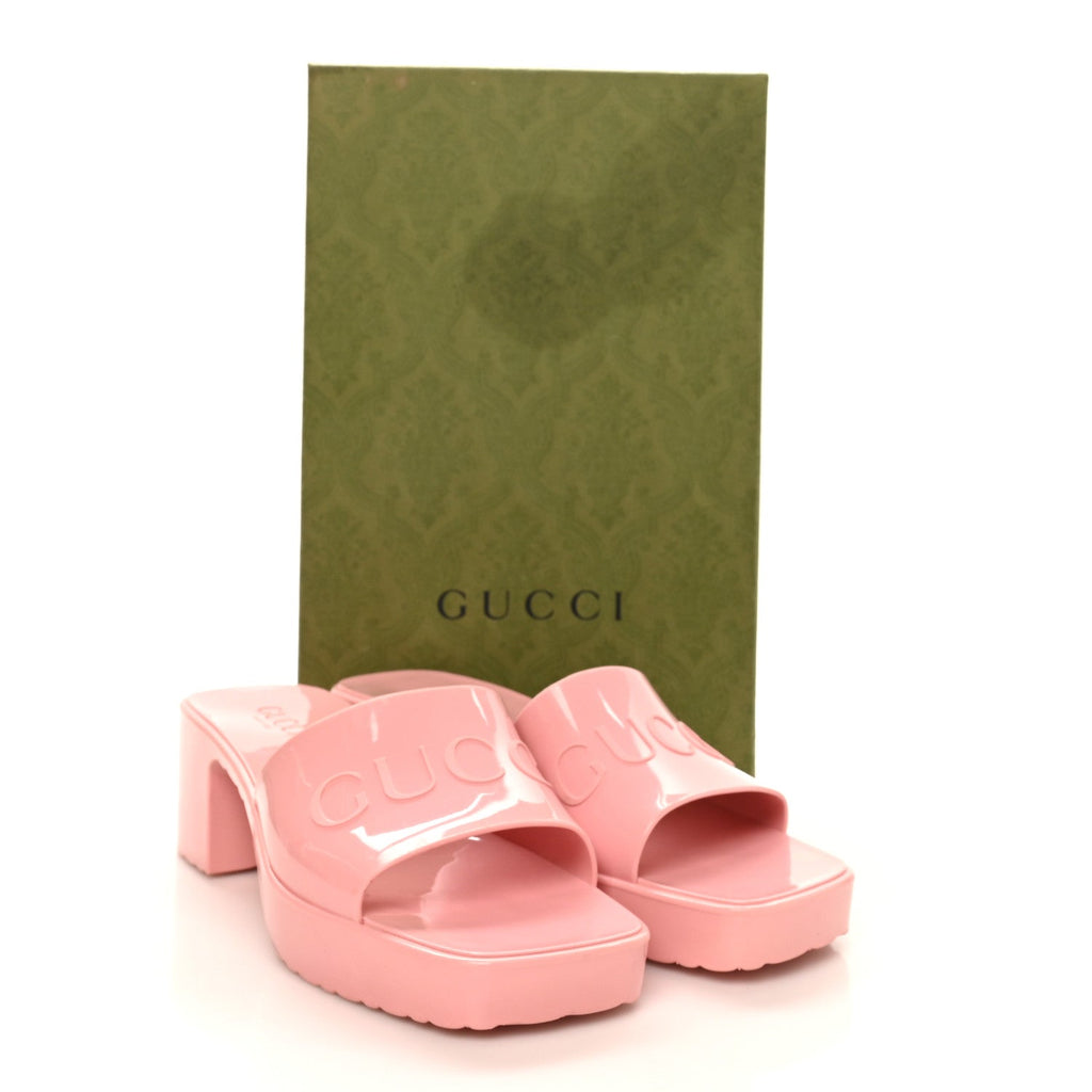 Gucci Rubber Gucci Logo Womens Platform 20/60mm Slide Sandals 38 Wild Rose