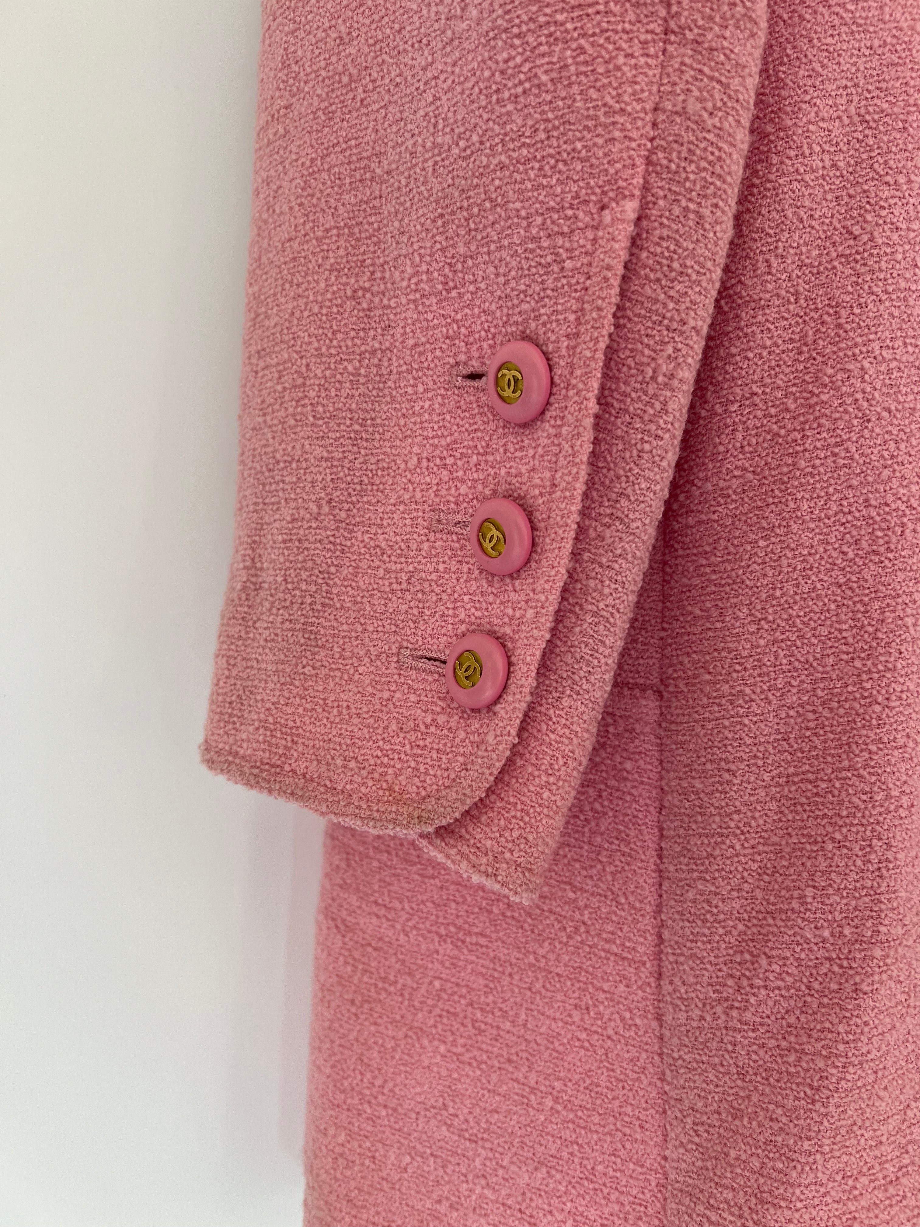 Chanel 94/P Pink Longline Tweed Jacket with Gold CC Logo Button Details, Size FR 40 (UK 12)