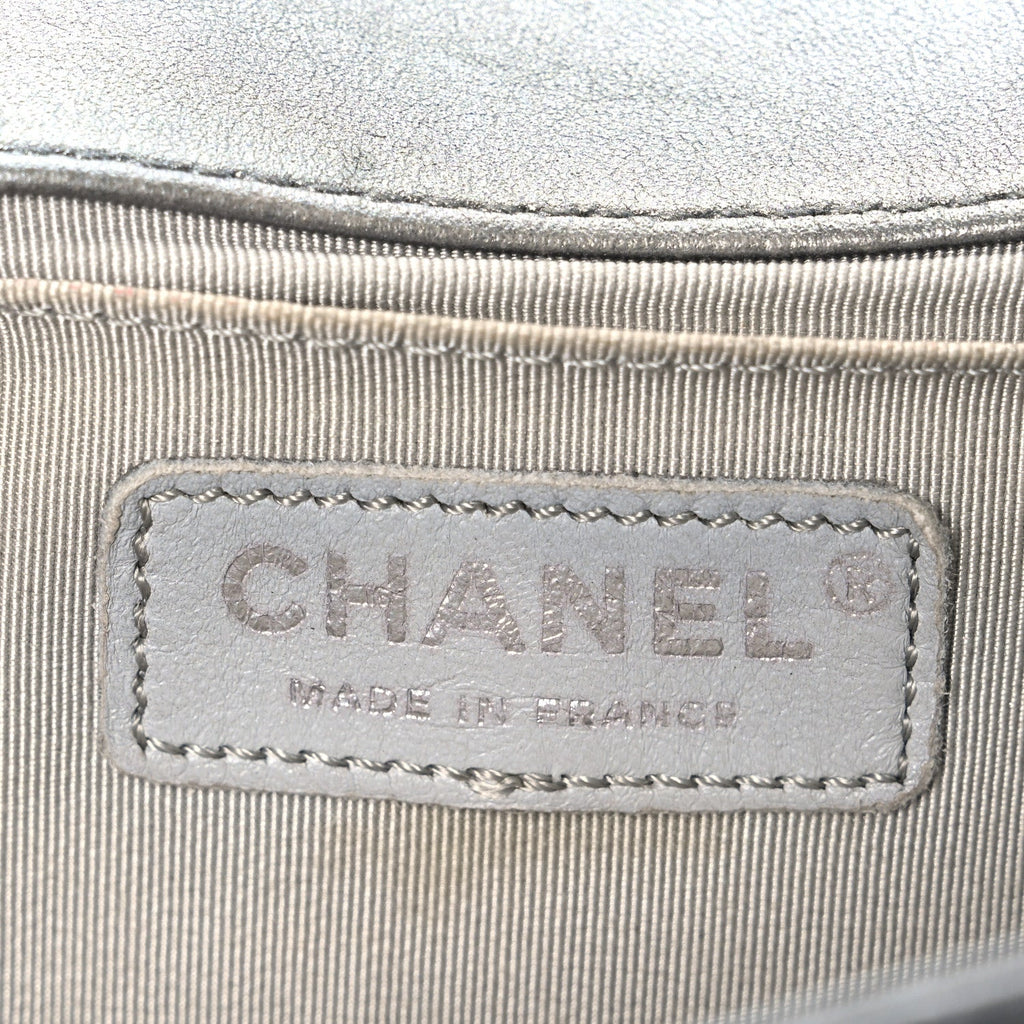 Chanel Metallic Lambskin Glass Pearl Embroidered Medium Boy Flap  Silver