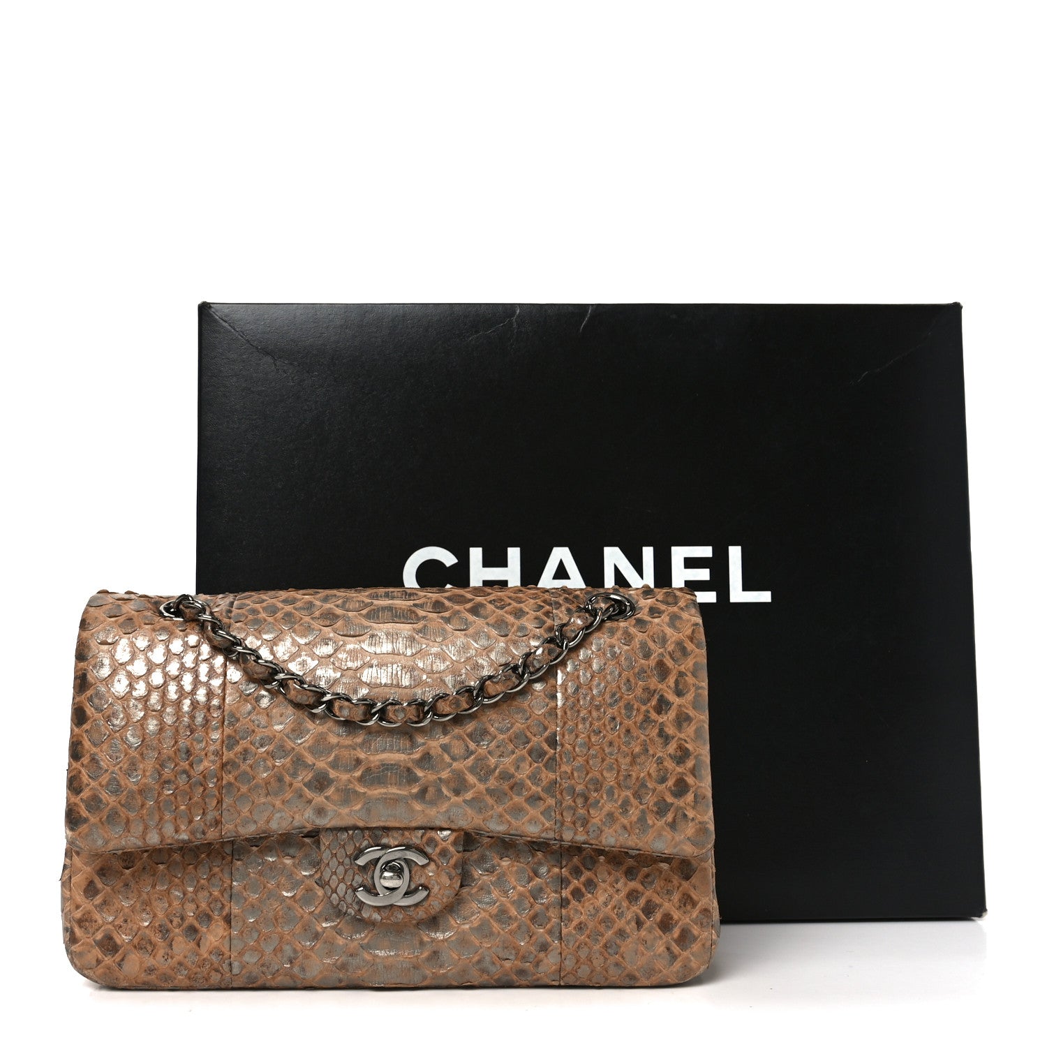 Chanel Metallic Snakeskin Medium Double Flap Beige
