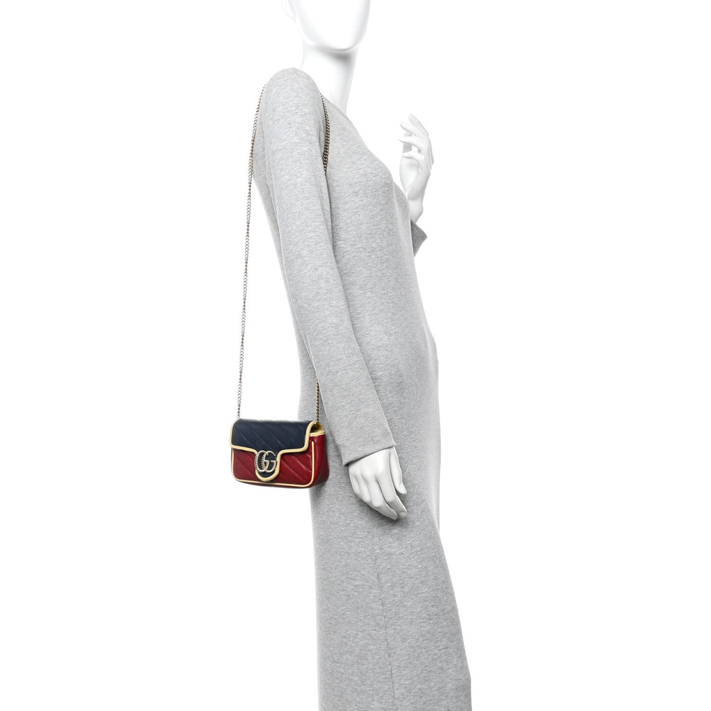 Gucci Vintage Effect Calfskin Matelasse Super Mini Torchon GG Marmont Shoulder Bag Black Beige