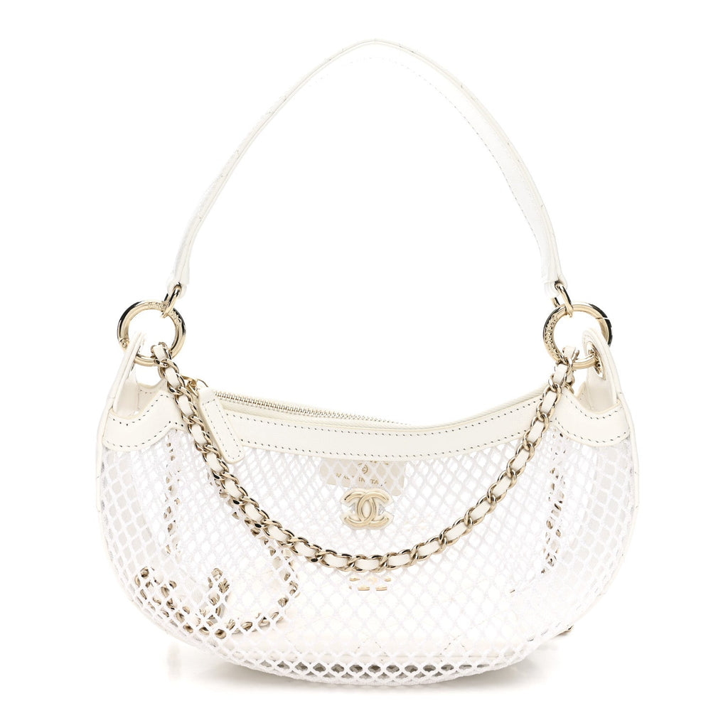Chanel Mesh Shiny Lambskin Chain Hobo White