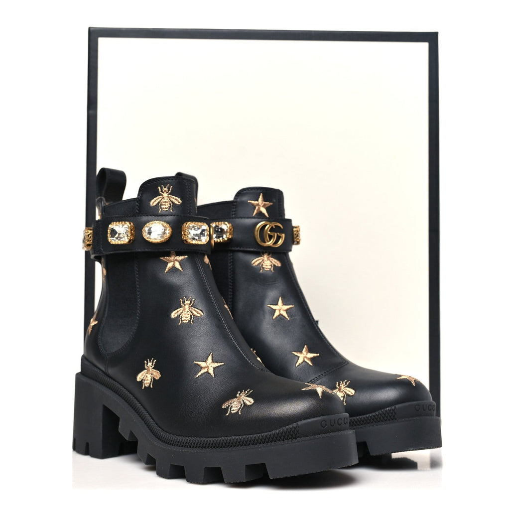 Gucci Calfskin Bee Star Embroidered Belt Ankle Boots 36.5 Black
