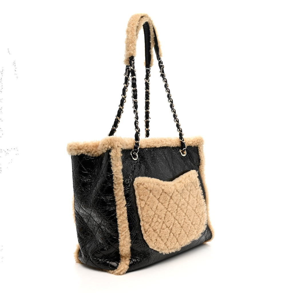 Chanel Shiny Crumpled Sheepskin Shearling CC Mania Tote Bag Black Beige