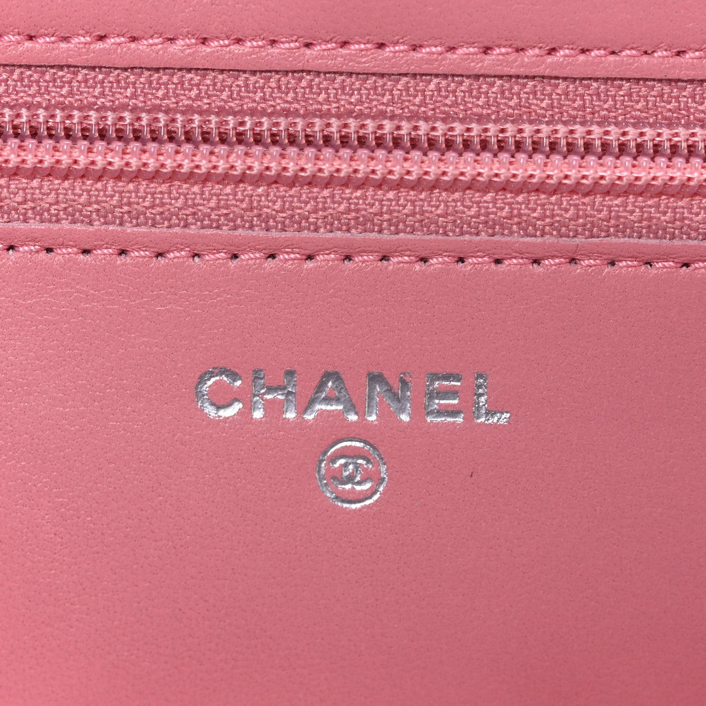 Chanel Lambskin Camellia Embossed Wallet on Chain WOC Pink