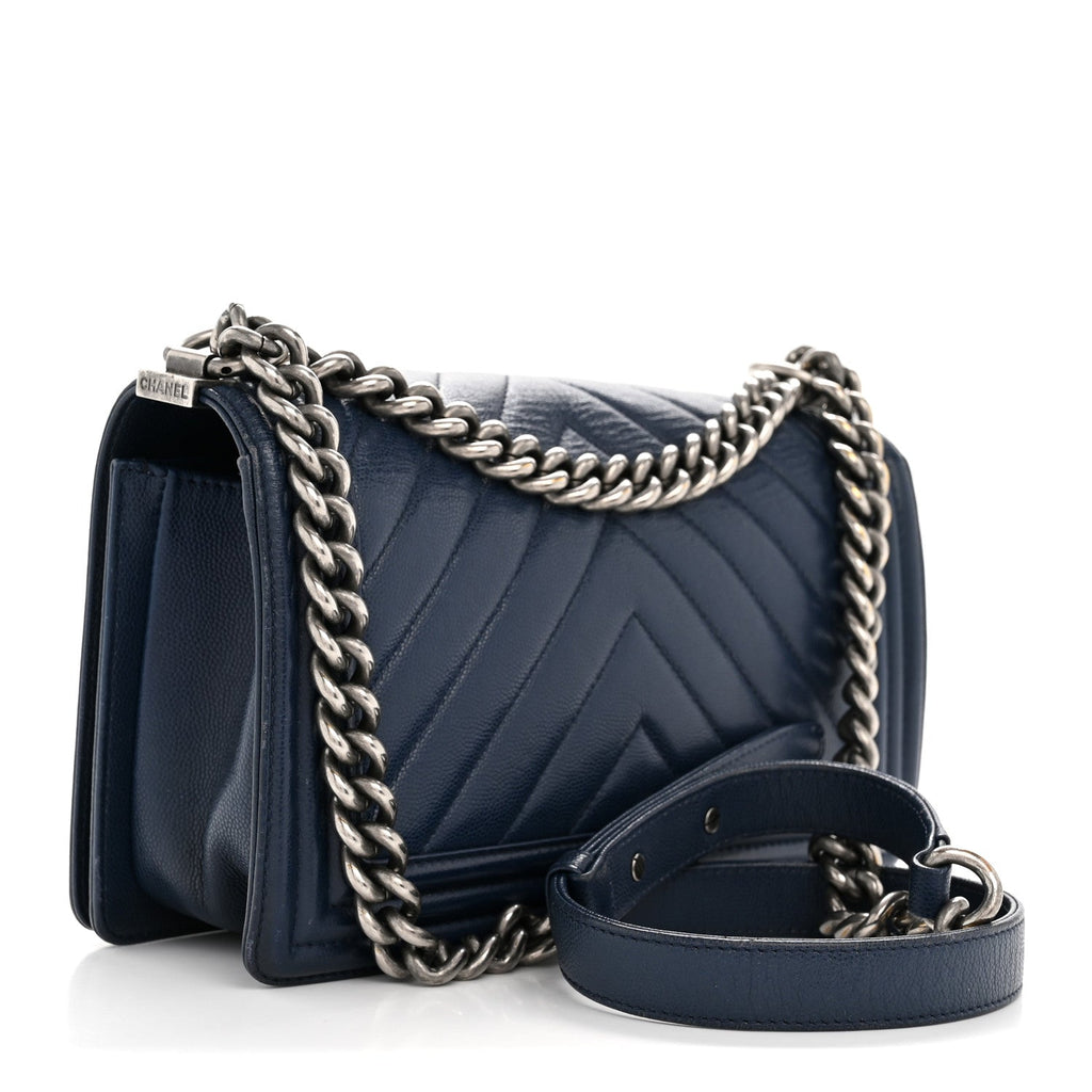 Chanel Caviar Chevron Quilted Medium Boy Flap Navy