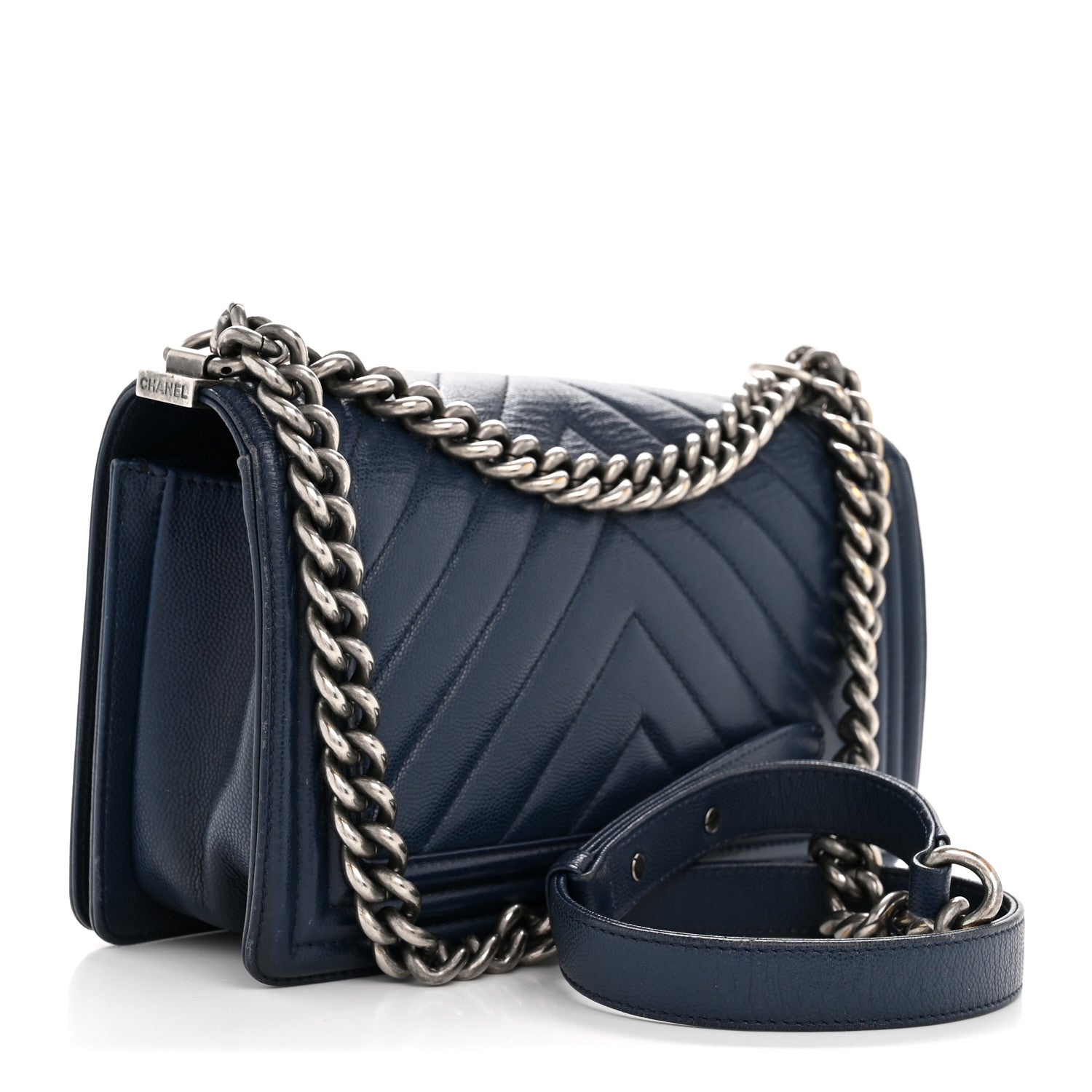 Chanel Caviar Chevron Quilted Medium Boy Flap Navy