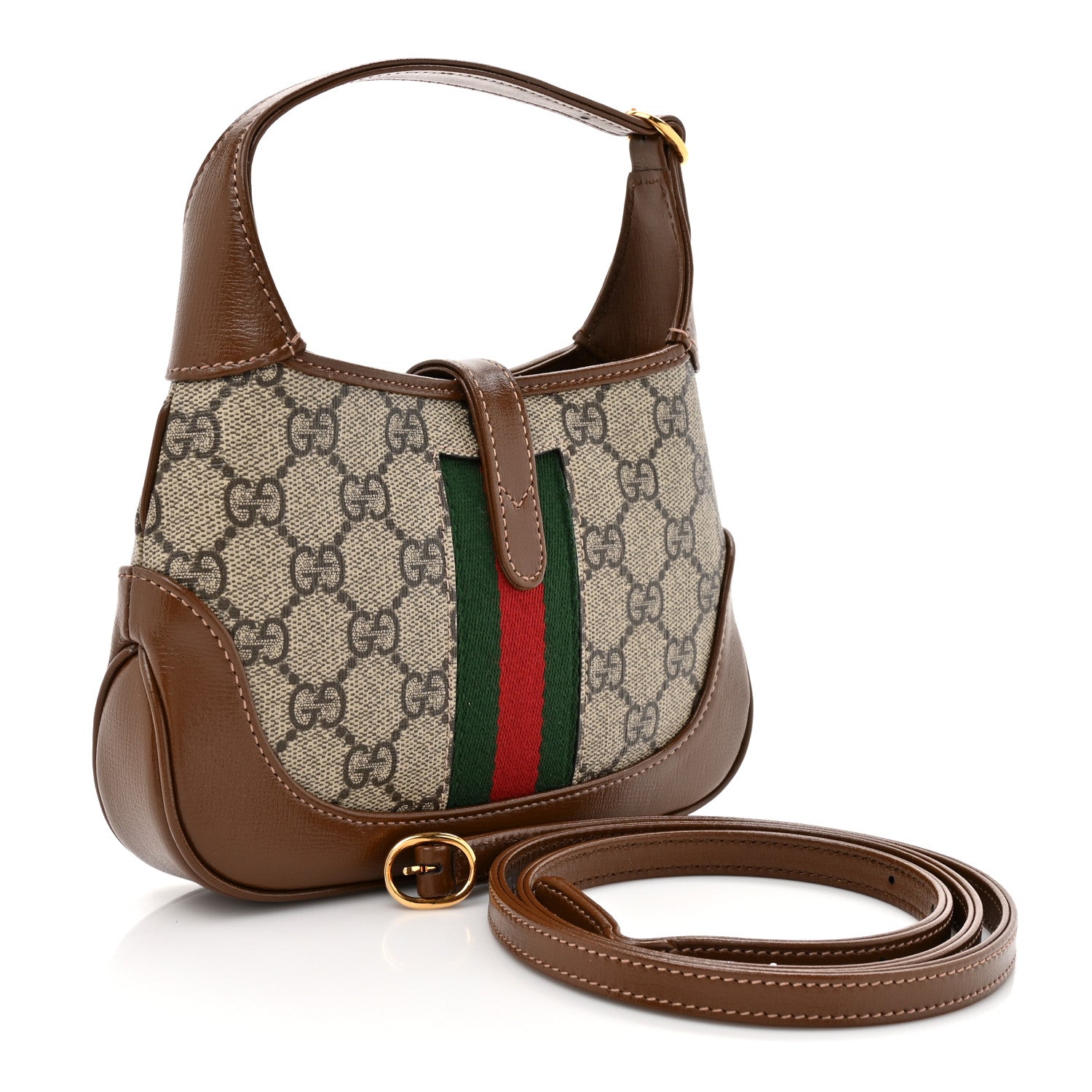 Gucci GG Supreme Monogram Azalea Calfskin Web Mini Jackie 1961 Hobo Beige Ebony Brown Sugar