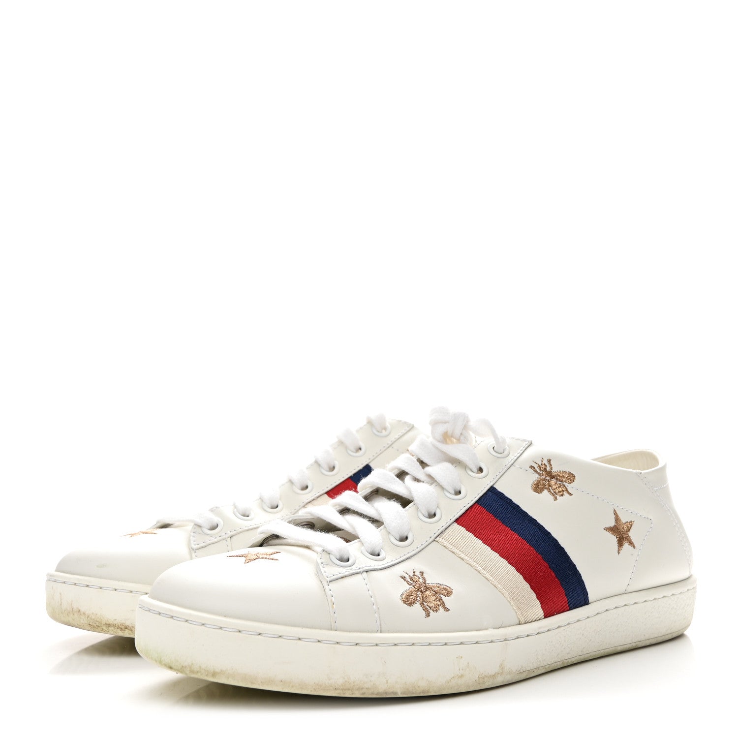 Gucci Calfskin Bee Star Embroidered Sylvie Web Ace Sneakers 37.5 White