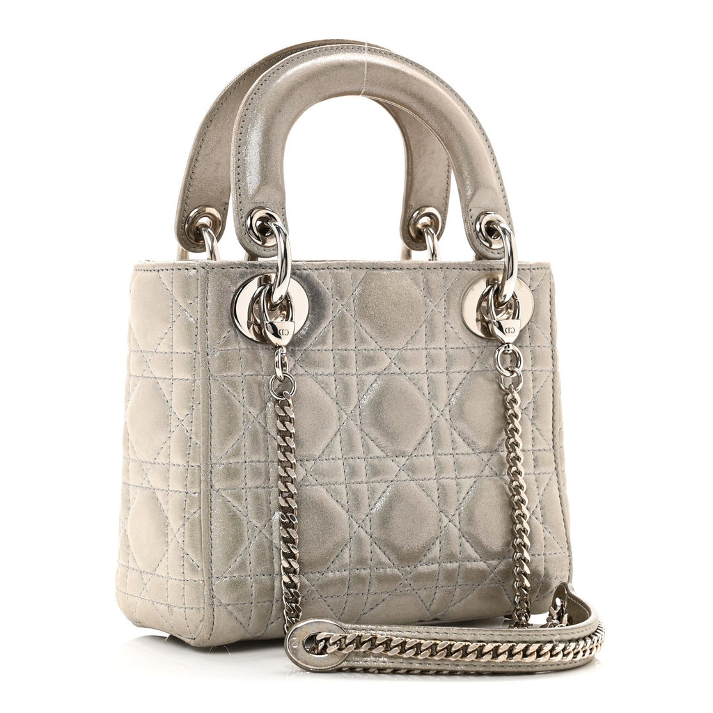 Christian Dior Metallic Lambskin Cannage Mini Lady Dior Silver