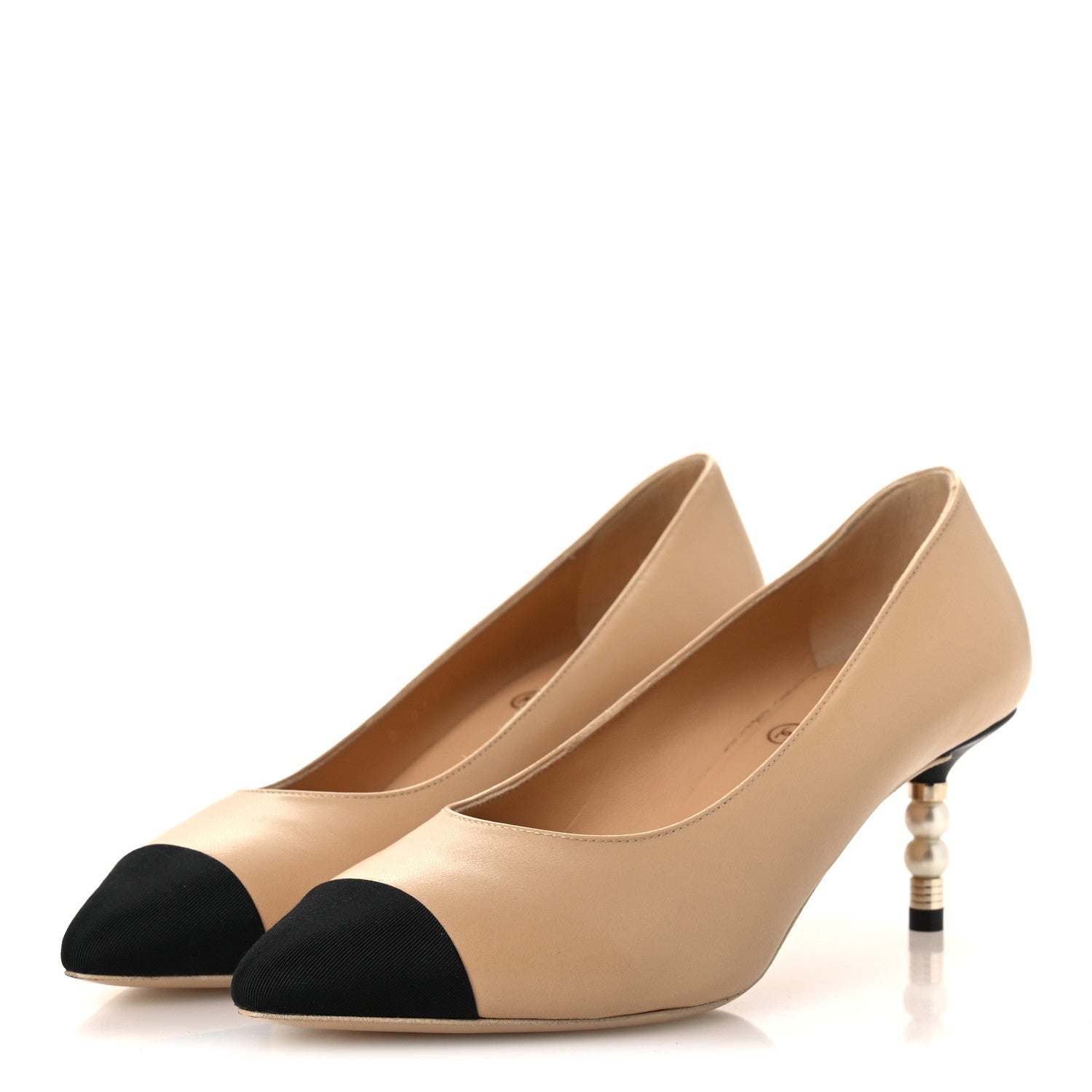 Lambskin Grosgrain Cap Toe CC Pearl Pumps 36.5 Beige Black