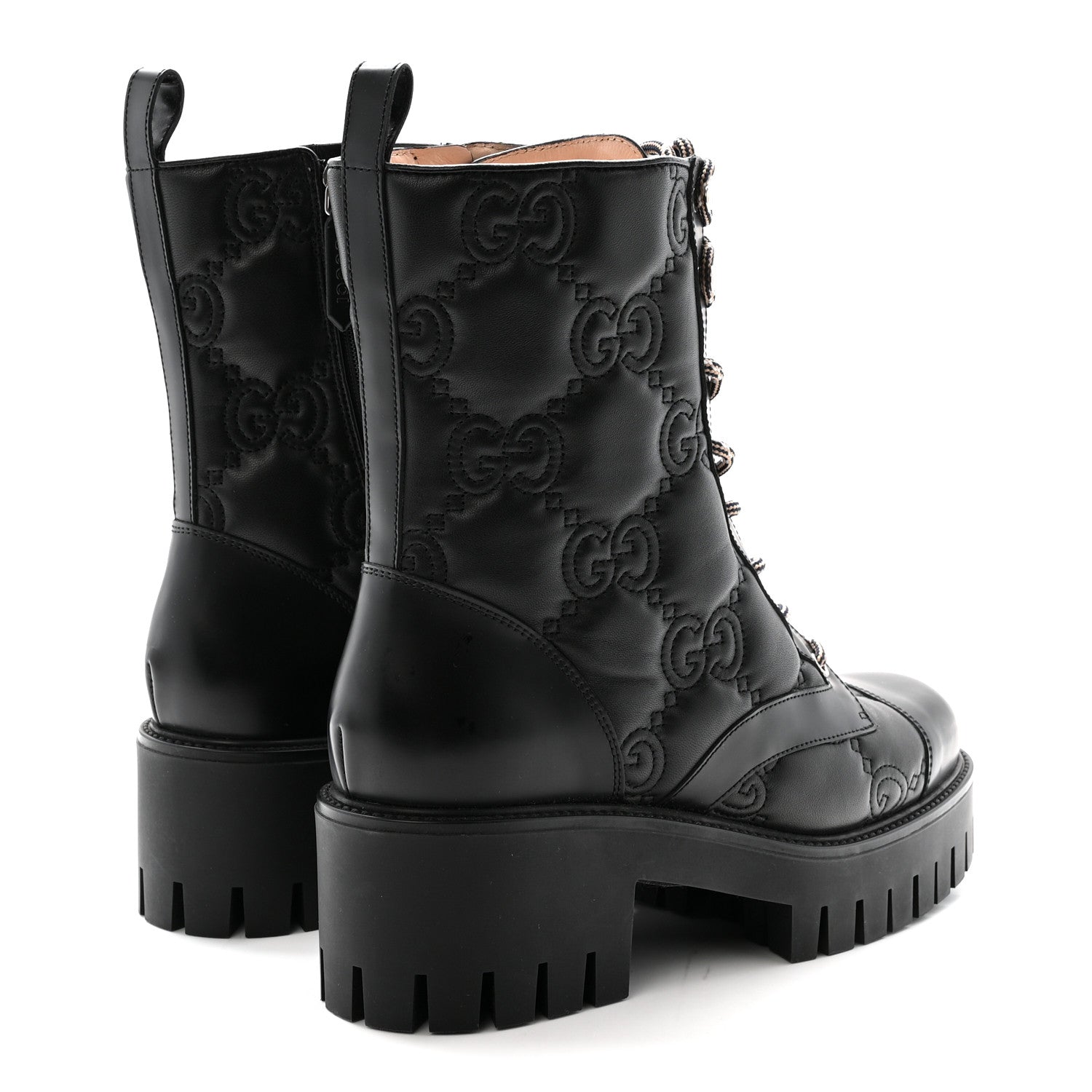 Gucci Cordovan Lux Nappa GG Matelasse Lace Up 60mm Combat Boots 40 Black