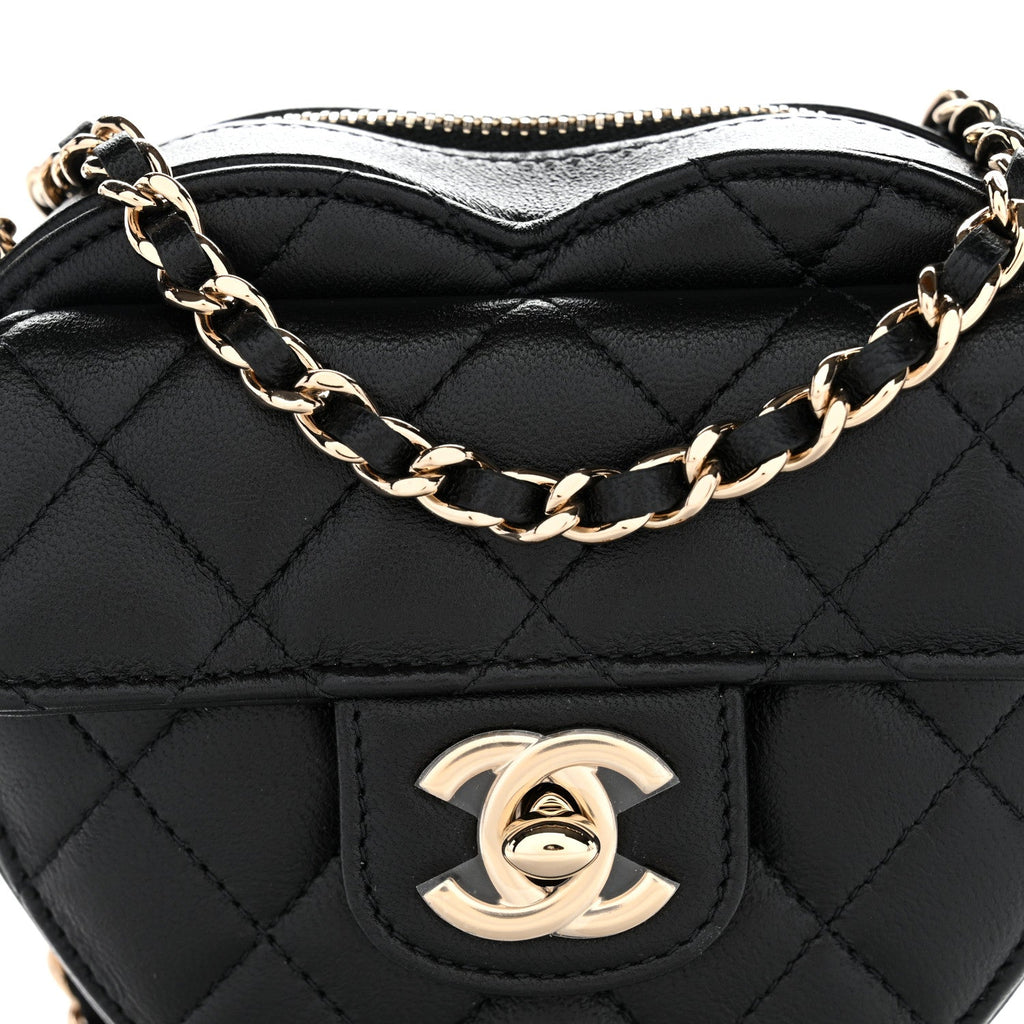 Chanel Lambskin Quilted CC In Love Heart Clutch With Chain Black